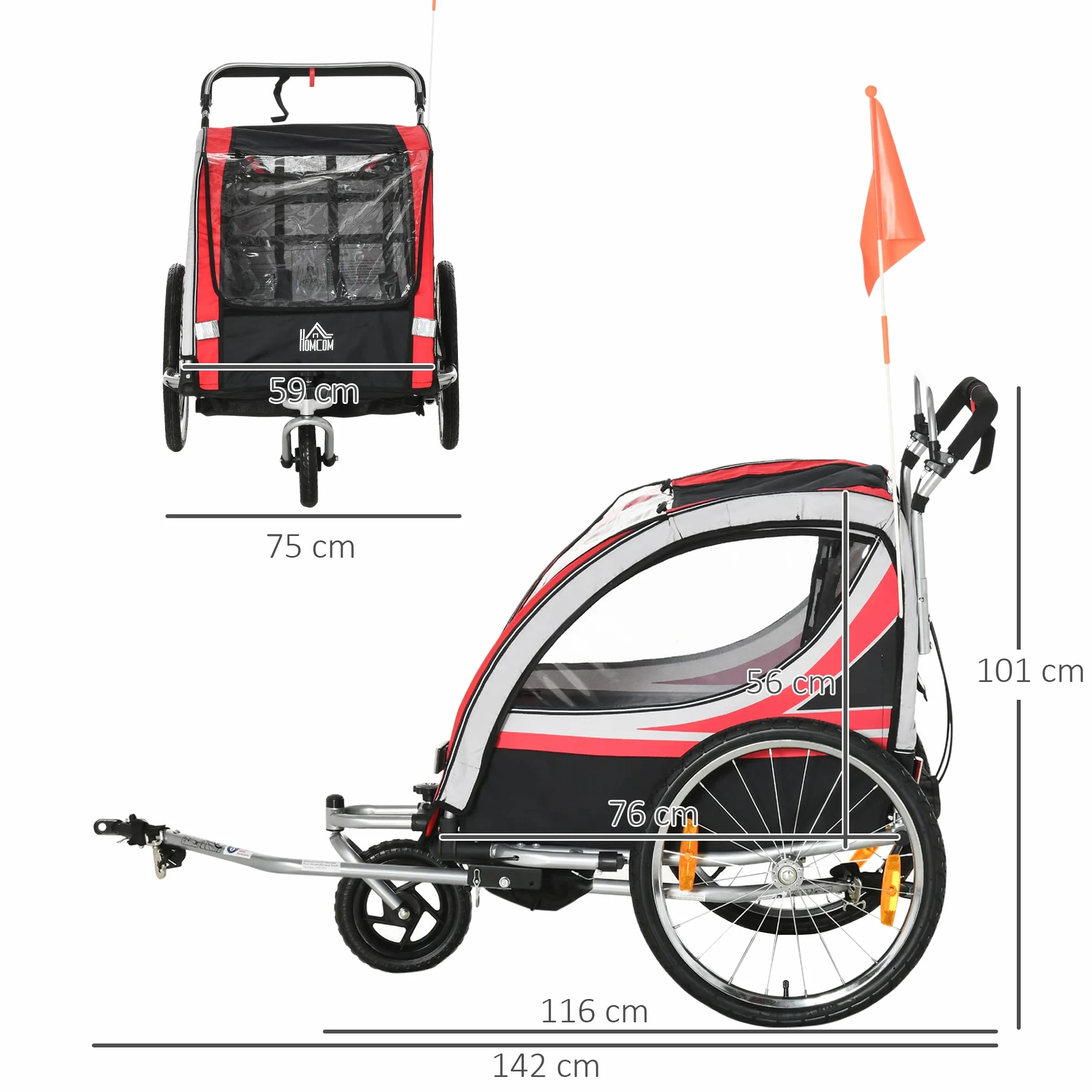 HOMCOM Remorque vélo enfant 2 en 1 convertible jogger poussette 26,4 kg 2 places