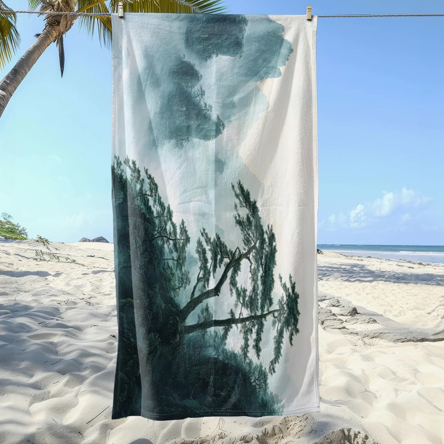 Serviette de Plage Arbre Vert Beige Drap de Plage Anti Sable Portable Serviette de Bain XXL Piscine Toilette Sport Microfibre Ultraléger Towel Absorbant Séchage Rapide 200x220cm