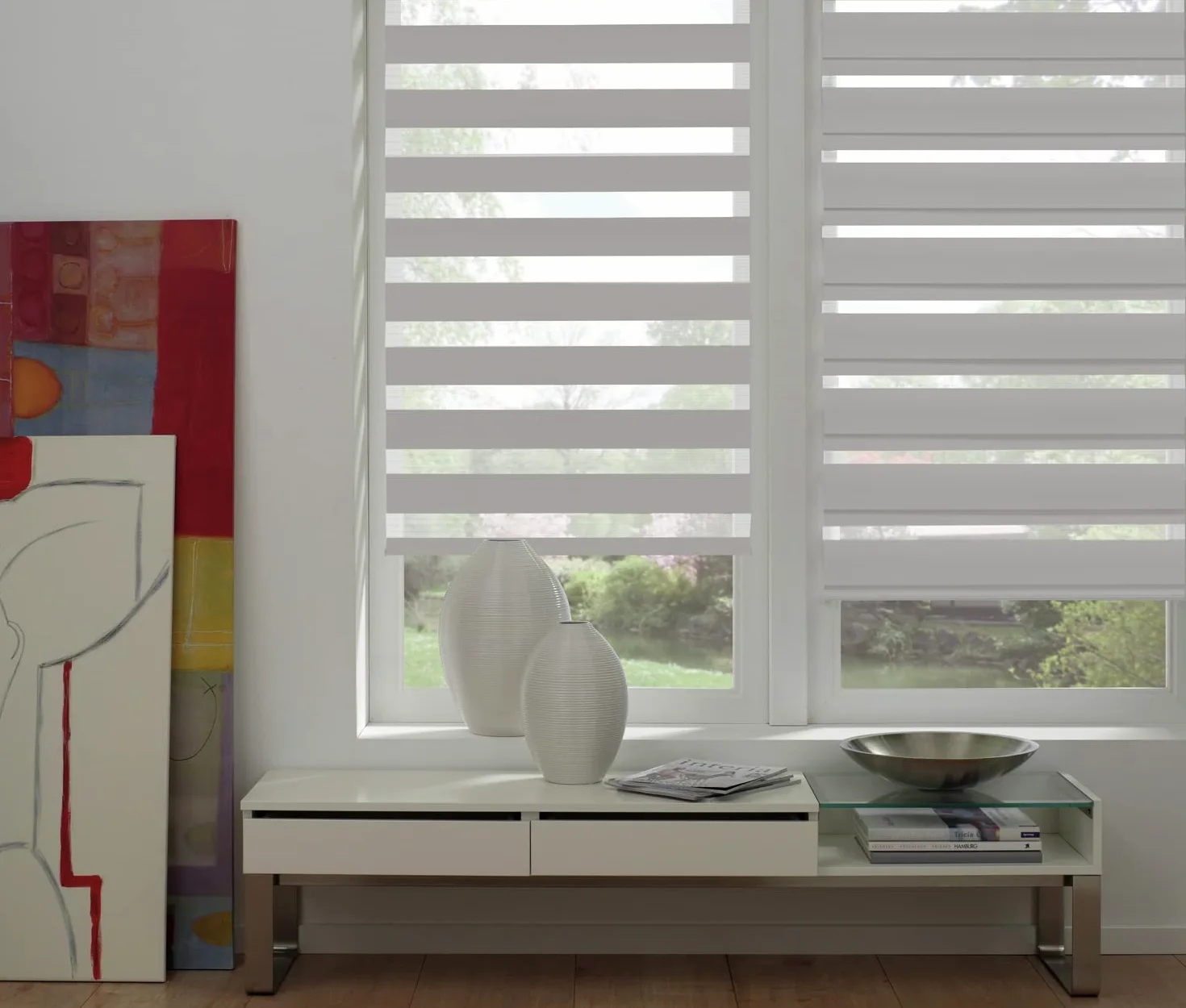 Deco Company Double Store à Clipser, Store Enrouleur à Commande Latérale sans perçage, Bandes Transparentes et Opaques, Kit de Montage Inclus, Polyester, Gris Clair, 90 x 210 cm