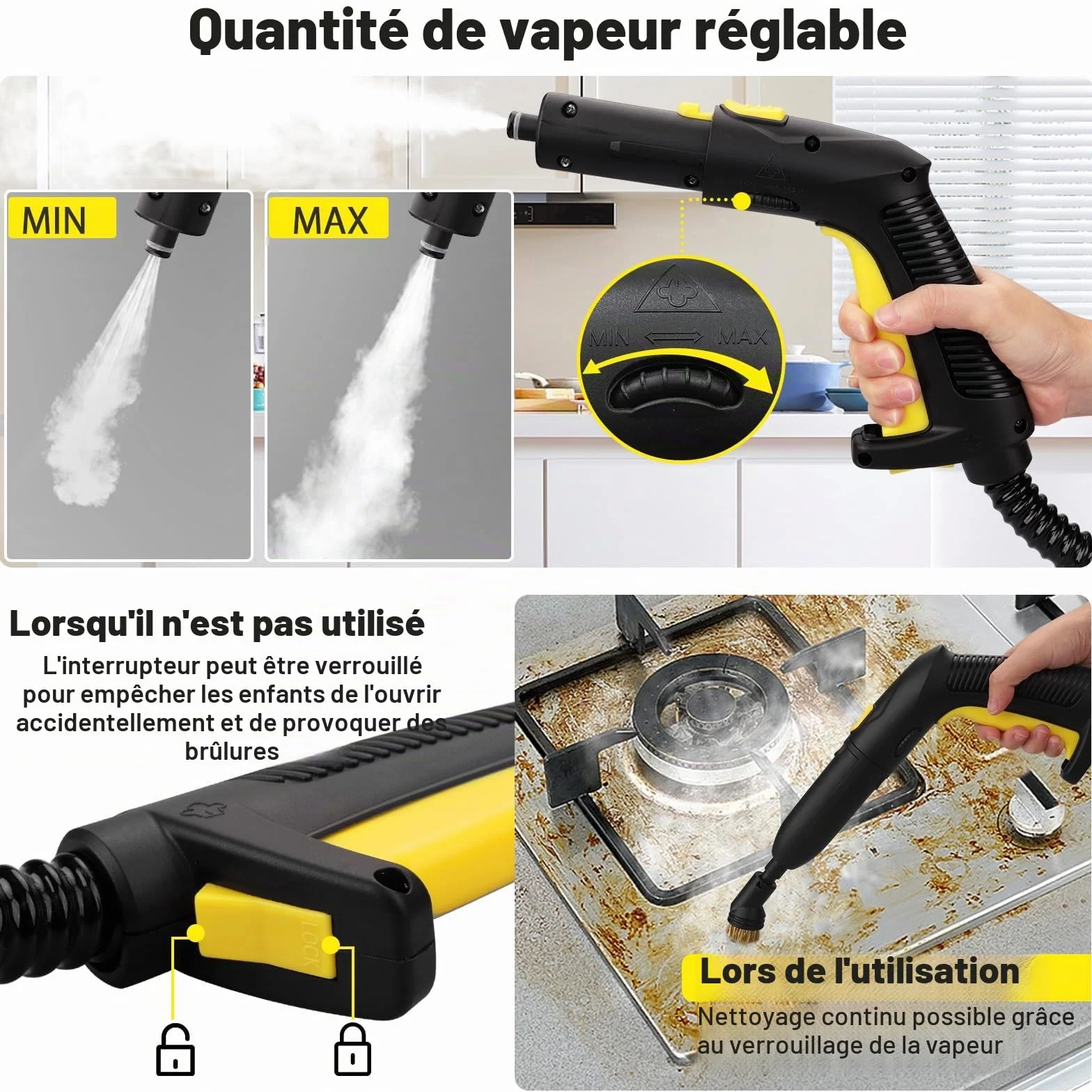 Nettoyeur vapeur pour meubles rembourrés avec câble 5 m pour sol, voiture, tapis, canapé