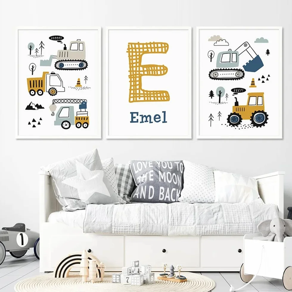 Affiche Prénom Enfant Garçon 30x40cm Posters Véhicules Camions Chariot Élévateur Tracteur Cranes Voiture Tableau Chambre Mural Déco Bébé Cadeau A3 sans Cadre