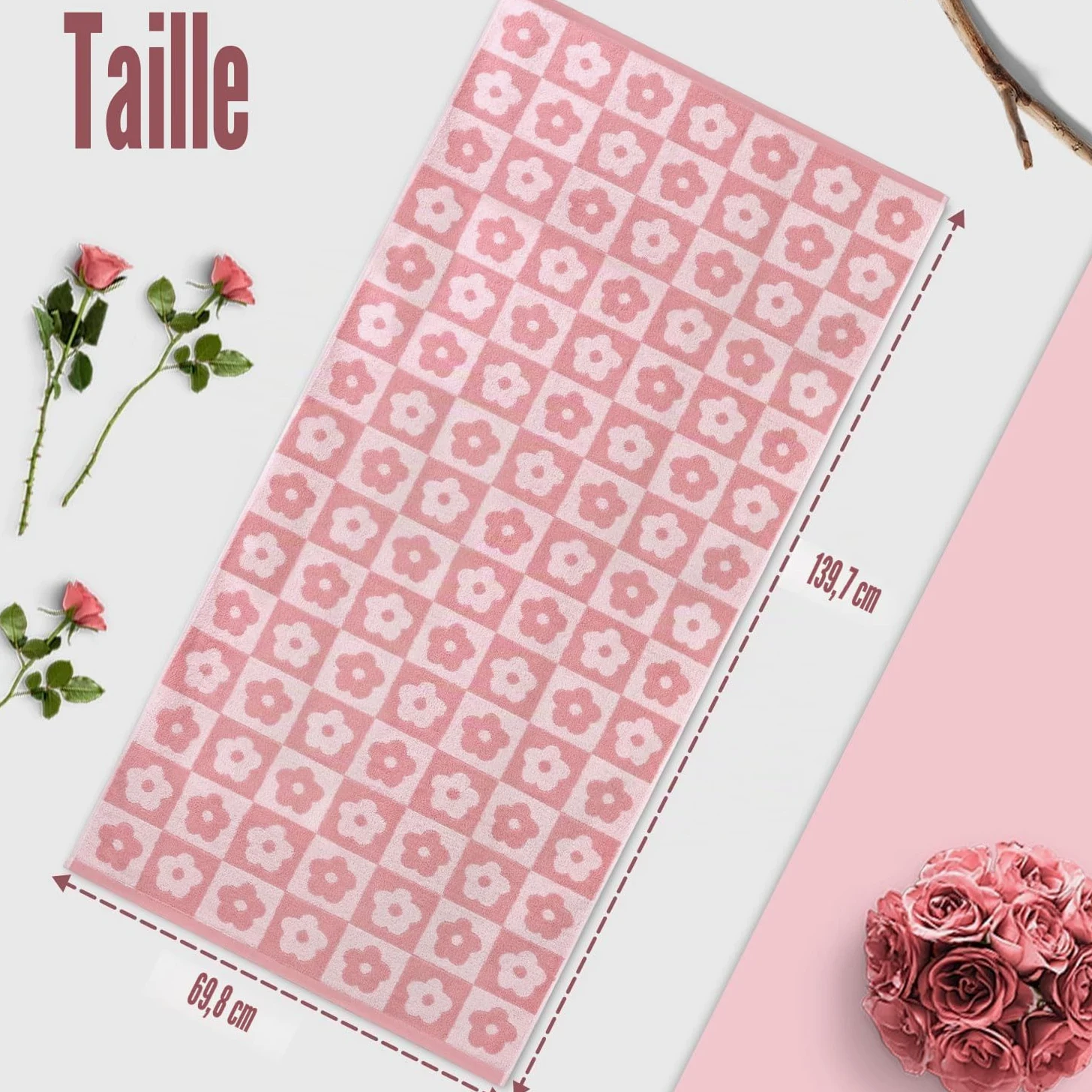 Jacquotha Lot de 2 Serviettes de Bain de Luxe à Carreaux Floraux, Serviettes Roses pour Femmes et Filles, 69,9 x 140,7 cm, décoration Mignonne pour Salle de Bain et Piscine, en Coton