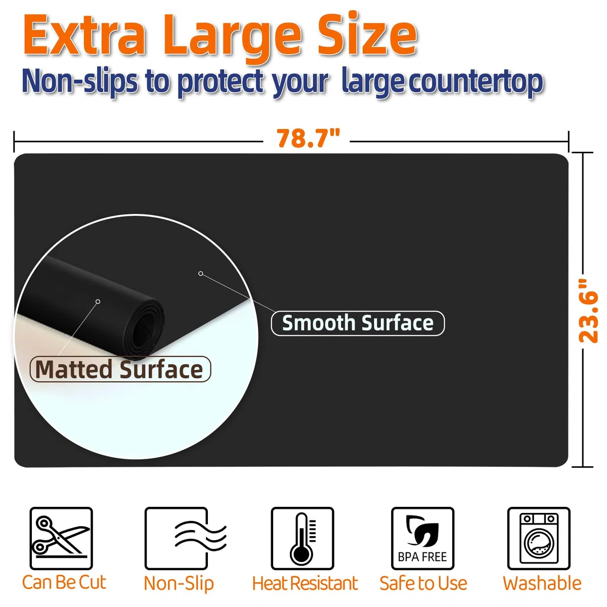 Warome Tapis en silicone de 200 x 60 cm, résistant à la chaleur pour comptoir, tapis de protection extra large pour comptoir de cuisine, tapis de comptoir de cuisine multifonctionnel, tapis en