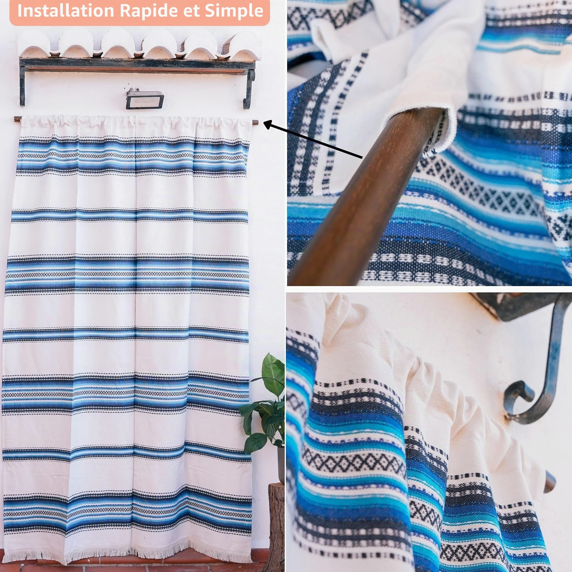 Rideau d'ameublement rustique des Alpujarras pour porte extérieure (160 x 215 cm) couleur Écru-bleu. Fabriqué en Espagne en fibre naturelle de coton. Fait fonction de moustiquaire et de pare-soleil