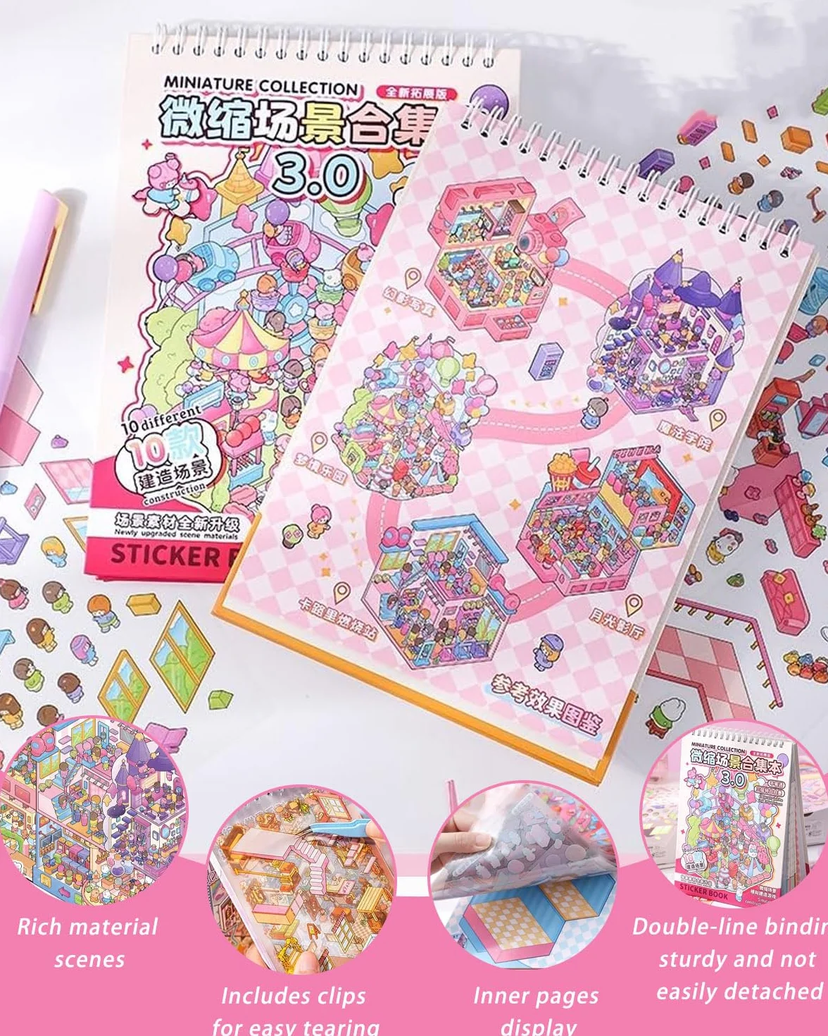 Stickers Scene Autocollant 3D de Scène, Ensemble de 10 Pièces avec Pincette, Miniature Autocollants pour Adultes et Enfants