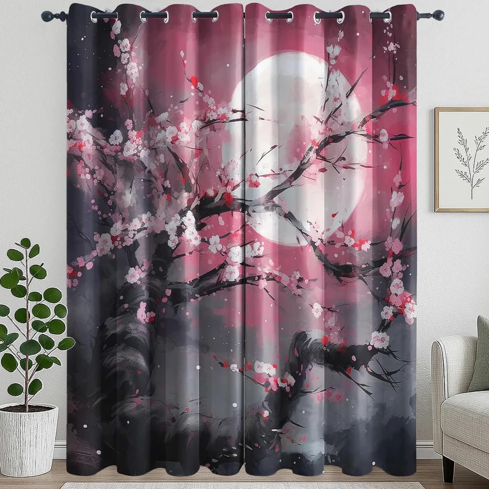Rideau Motif Style Japonais Fleurs de Cerisier, Rideaux Thermiques Isolant Anti Froid, Rideaux Occultant À Oeillets, Lot De 2 Rideau Blanche Motif 140x240 Cm Décoration Salon,L,140x200H cm (2 panels)