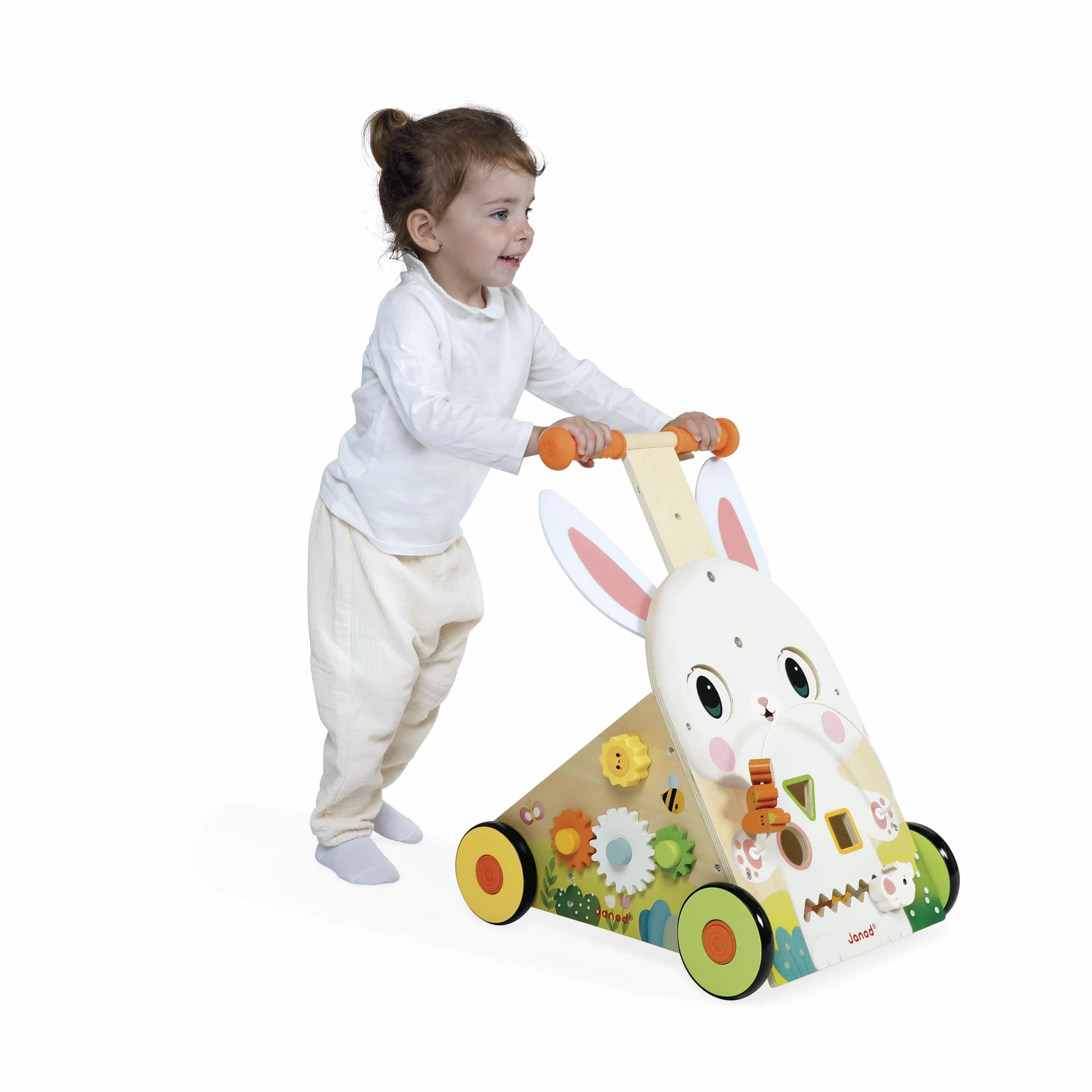 Janod Chariot Multi-Activités Ferme en Bois à Pousser 9 Activités Système Frein Breveté Roues Silencieuses Jouet Eveil Enfants Dès 12 Mois