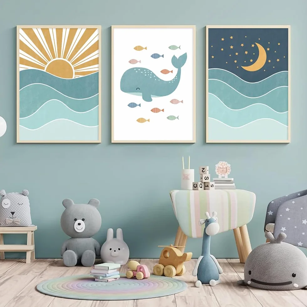 Affiche Animaux Marin Enfant 30x40cm Poster Lune Soleil Baleine Tableau Decoration Murale Chambre Bebe Garcon Toile Bleu Cadeau sans Cadre