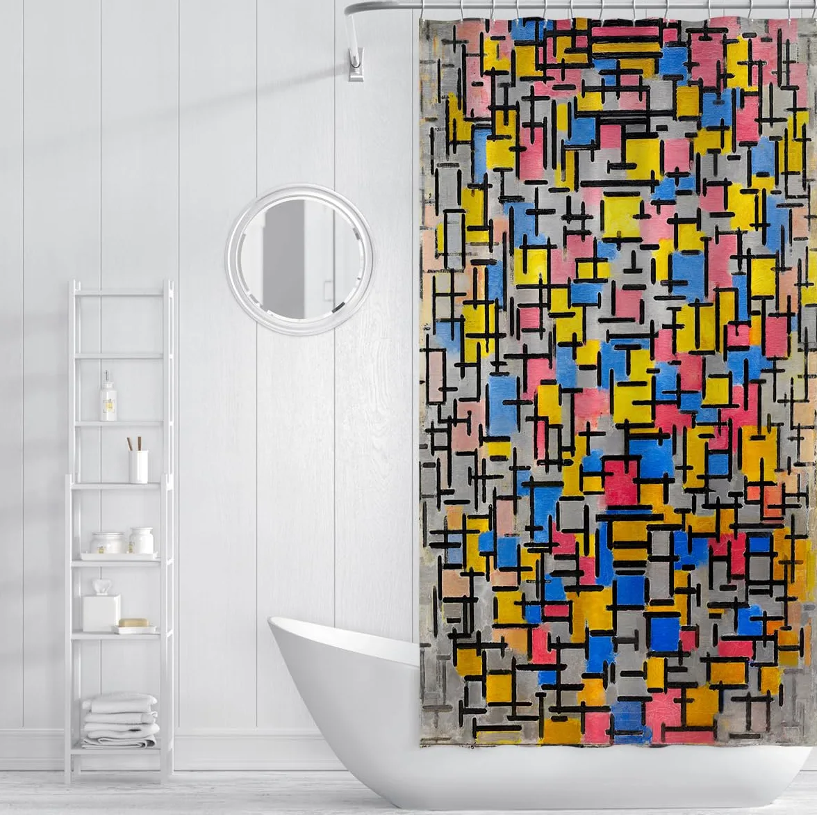 Rideaux de Douche en Grille géométrique en mosaïque Pop Art Abstrait Rideaux de Salle de Bain en Tissu imperméable en Tissu coloré Rose Bleu, Jaune et Crochets 200 x 220 cm