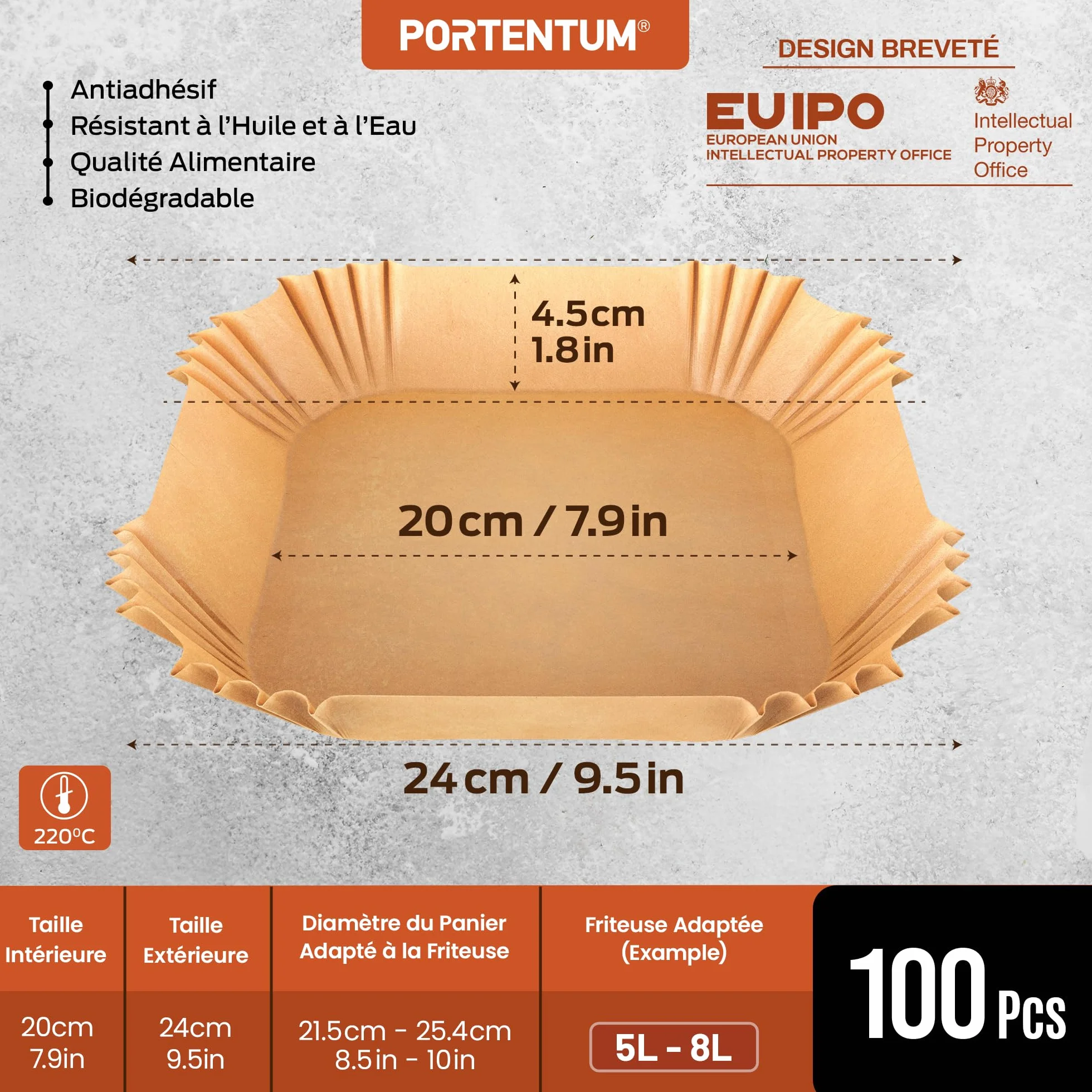 PORTENTUM Papier cuisson air fryer 100 pièces Food-Grade sans BPA 20×24 cm adapté friteuses 5–8 L