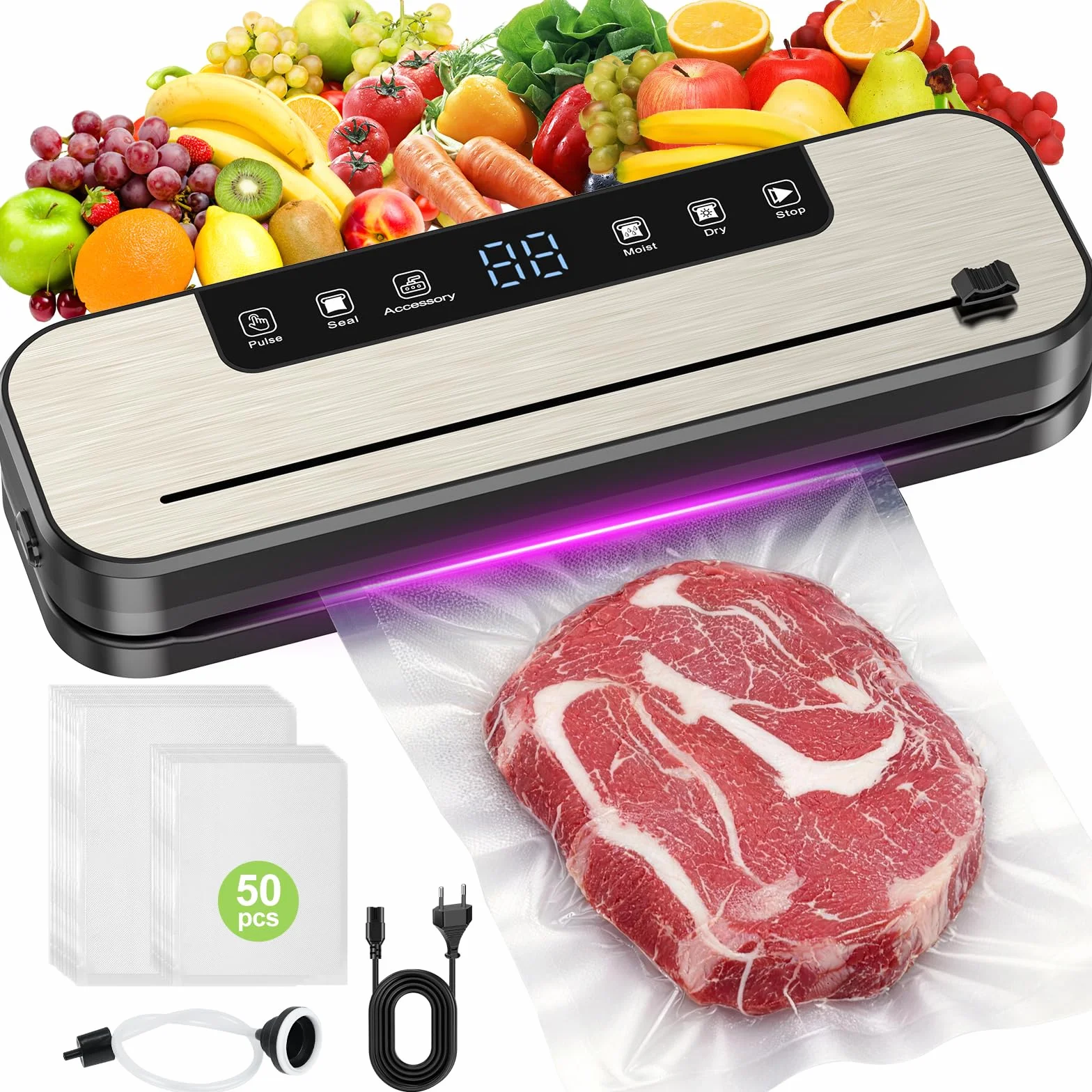 Machine Sous Vide Alimentaire 6 en 1 SHINER, Modes Sec et Humide, UV, 50 Sacs, Scellure 30 cm