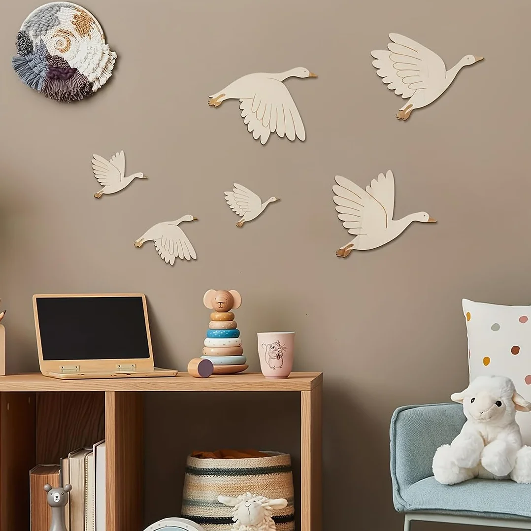 Autocollant Mural Enfant Cygne Décoration Murale en Bois 6 Pièces