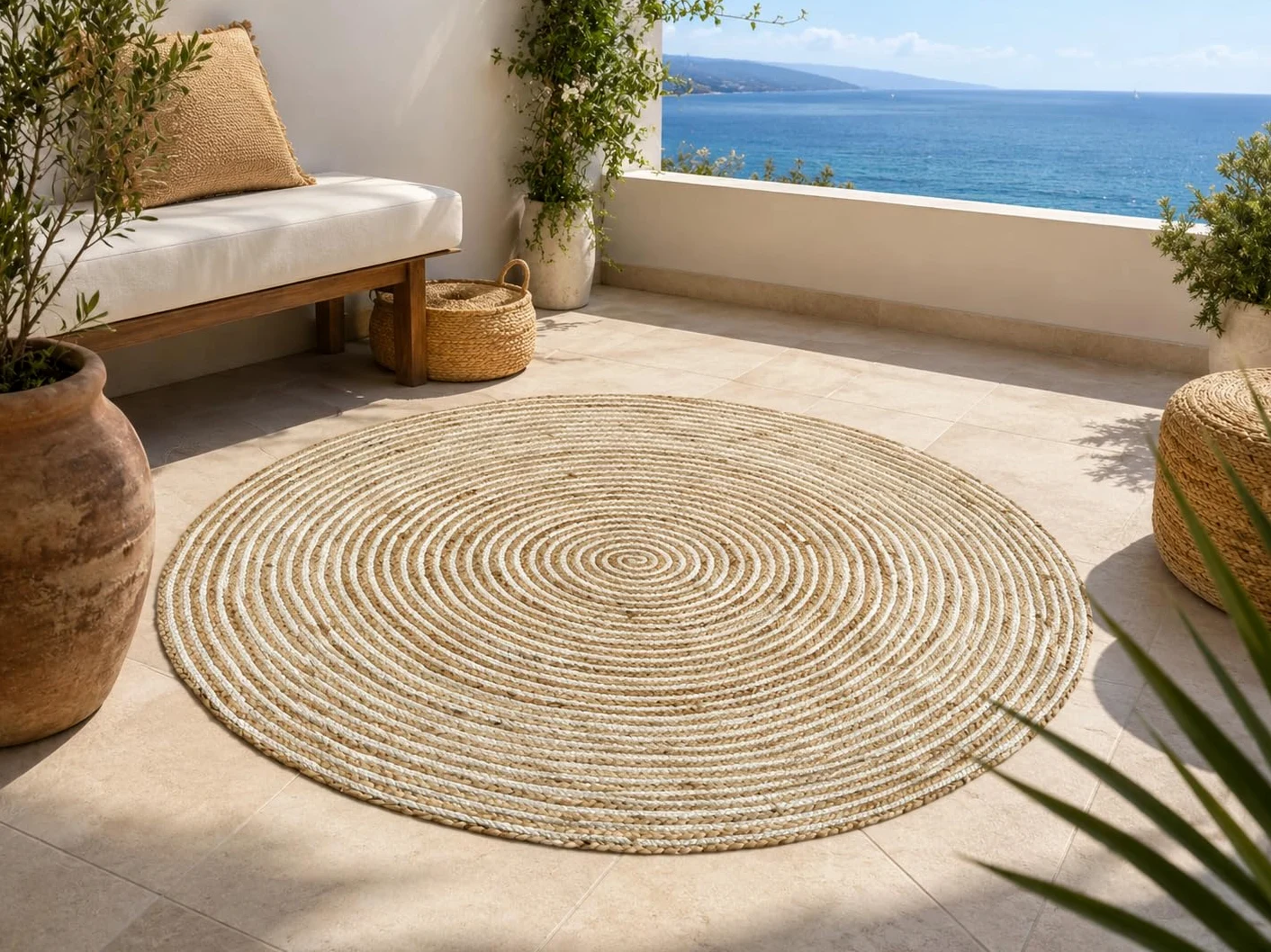 Tapis rond 100 % jute naturelle tressé, style nordique, pour salon, chambre, entrée, terrasse, véranda (blanc, jute, 110 cm de diamètre)