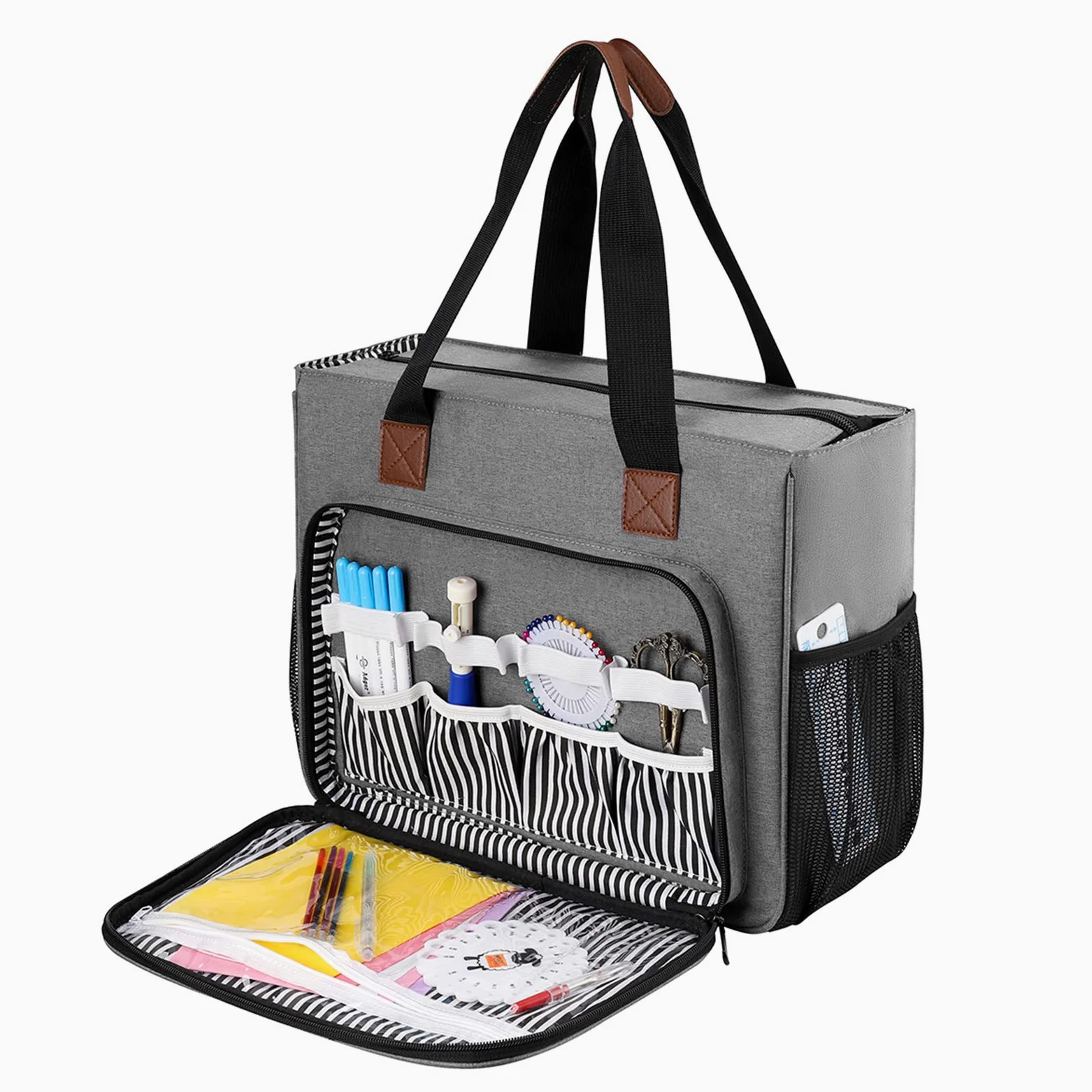 Coopay Sac de Rangement pour Point de Croix et Broderie, Grand Format avec Compartiments pour Aiguilles et Cerceaux, Gris
