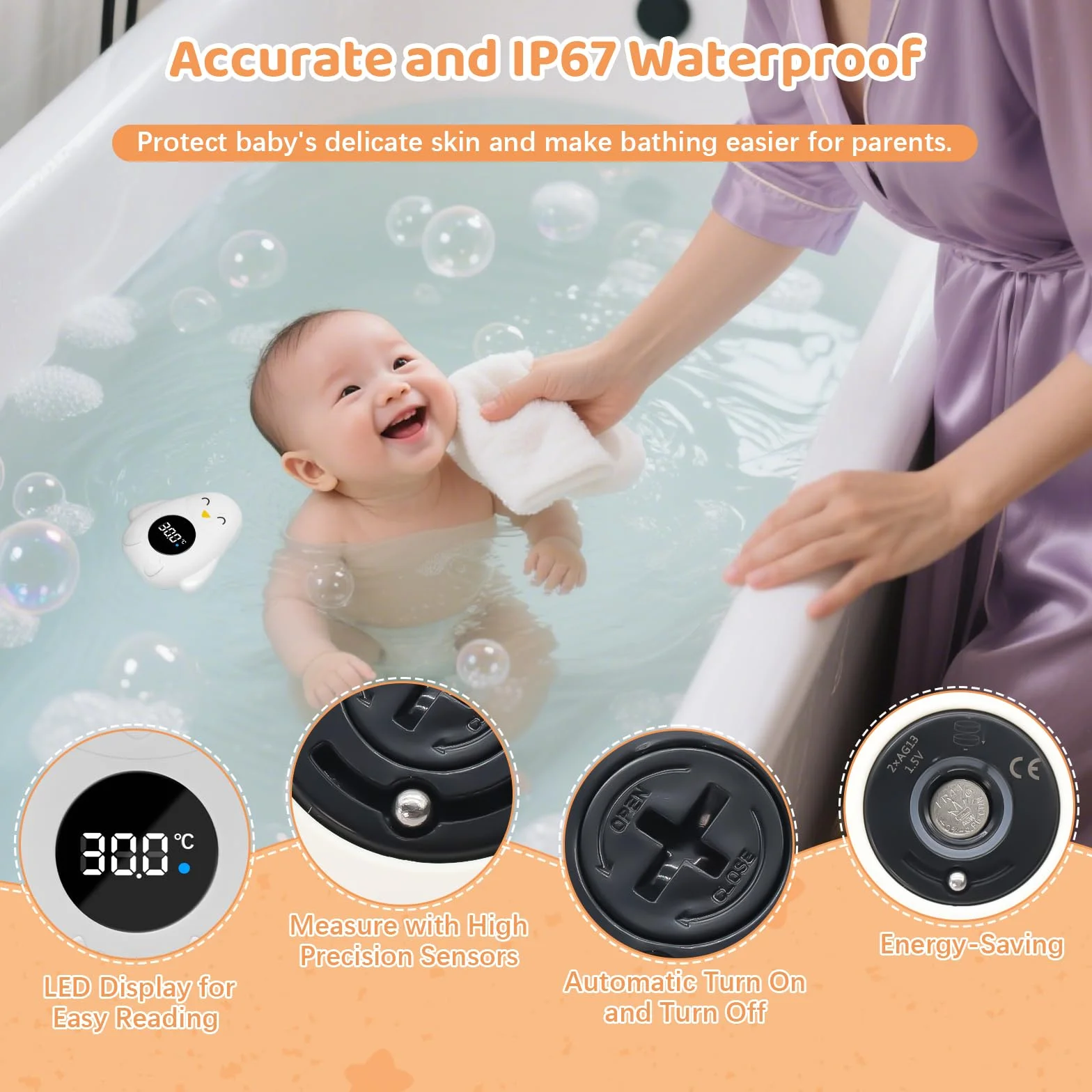 Thermomètre numérique de bain bébé étanche avec alarme température et voyant LED