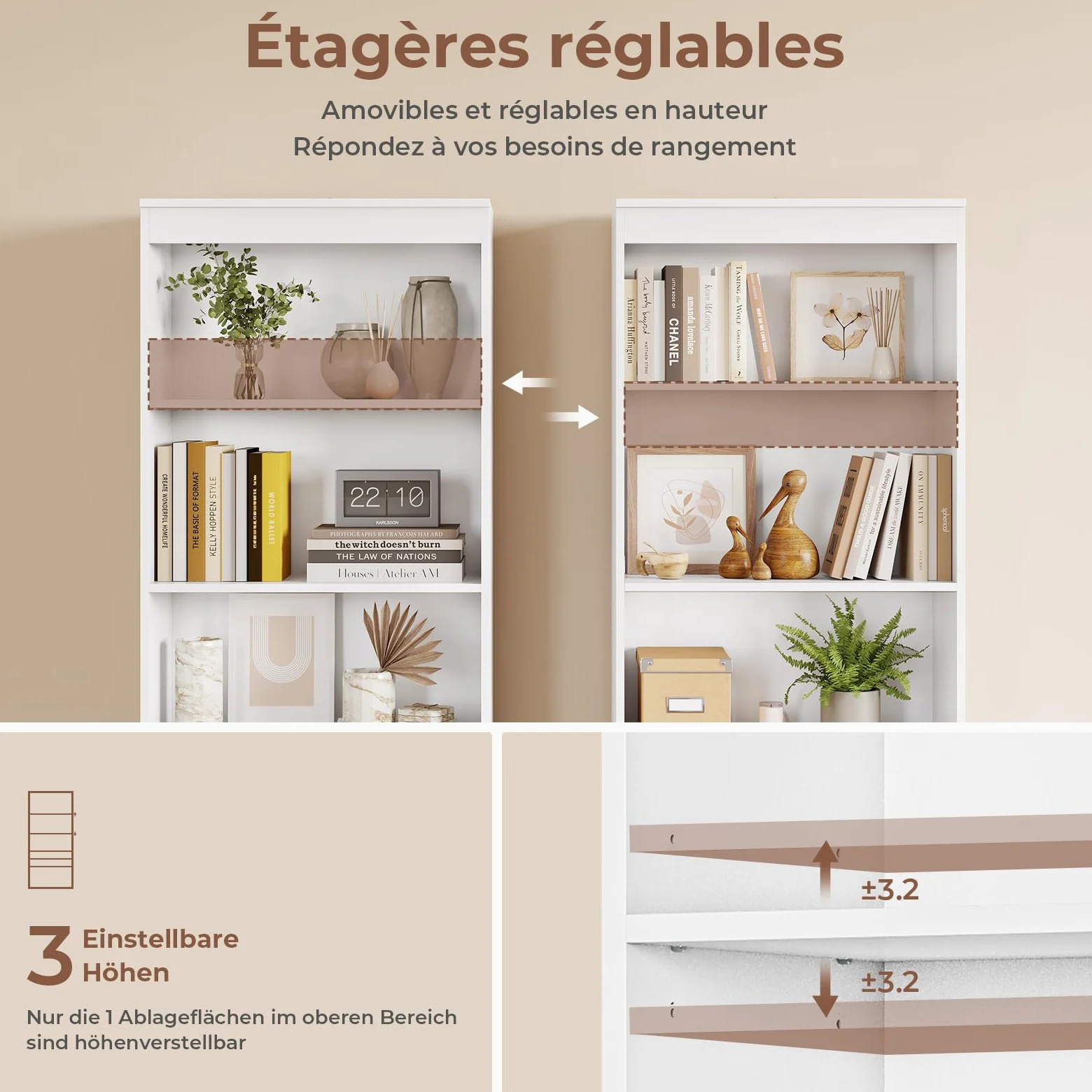 Bibliothèque, Meuble de Rangement avec 2 Grands Tiroirs et 4 Compartiments, Colonne Polyvalente avec Étagère Réglable, pour Salle de Bain, Salon, Cuisine,Facile à nettoyer, 180x60x24 CM,Blanc