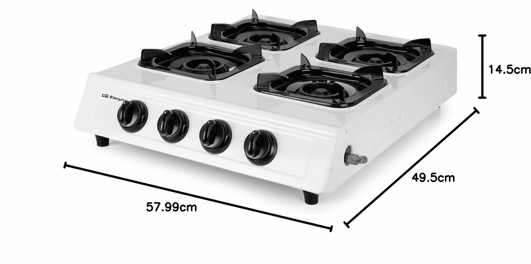 Orbegozo FO 4000 - Cuisinière à gaz, butane ou propane, allumage piézoélectrique, quatre brûleurs triple couronne, usage extérieur, antidérapant, noir et blanc