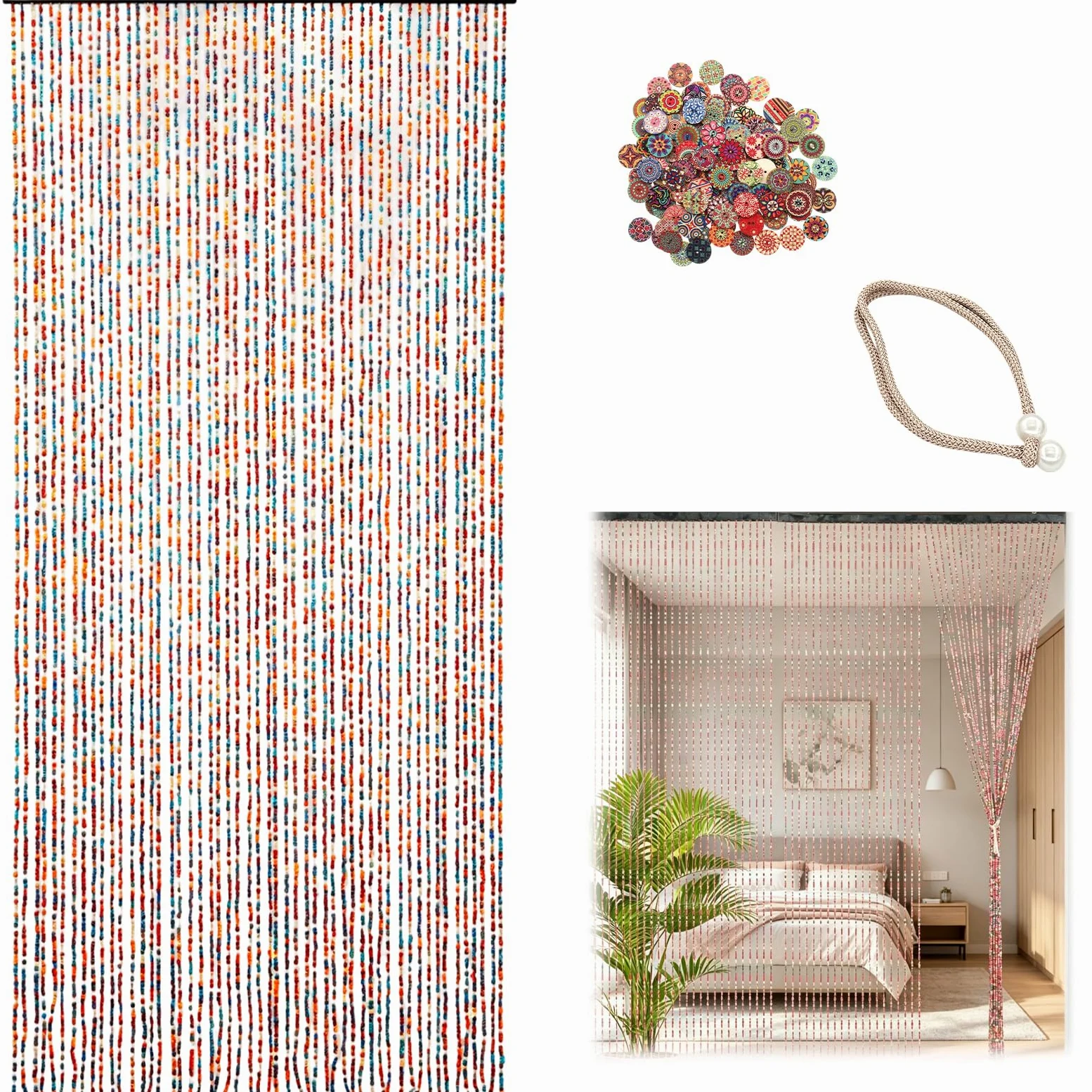 Rideau de porte en perles de bambou 90 x 200 cm, 52 brins pour portes | Rideau de porte rétro fait à la main pour fenêtres, portes, chambres comme rideau de décoration et moustiquaire