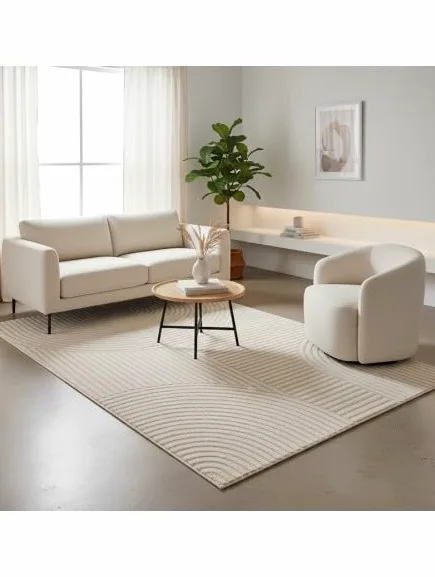 Tapis Moderne à Relief Graphique avec Texture sculptée et Lignes arrondies - Dimension 120x170 cm, Couleur Beige