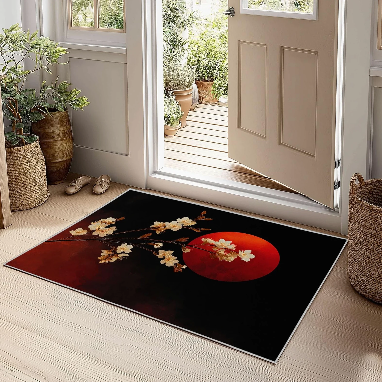 Antidérapante Tapis de Salon Chambre - Salon Super Doux Salle à Manger Faux Tapis en Laine, Motif Fleurs crème Soleil Rouge Style Japonais Rug Décoratif Résistant Lavable Noir et Rouge 120 x 180cm