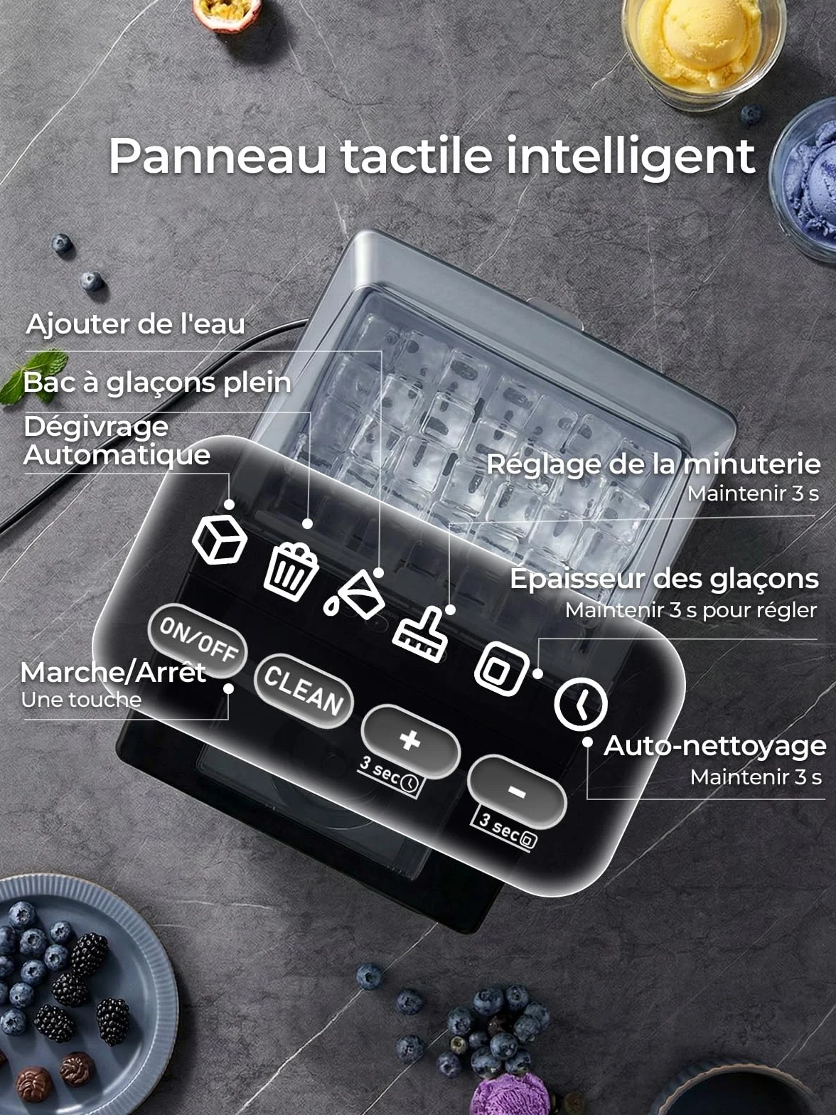FOHERE Machine à Glaçons Acier Inoxydable 24kg/24h 24 Glaçons 10-15 Min Réservoir 3,2L Auto-Nettoyage Dégivrage Double Alimentation Eau 40 dB