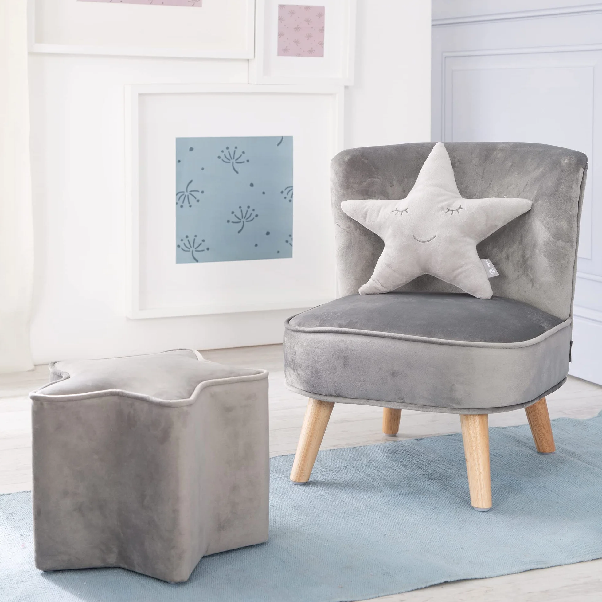roba Coussin Décoratif Étoile 32 x 28 cm Oreiller Bébé Peluche Visage Souriant Brodé Gris Argenté