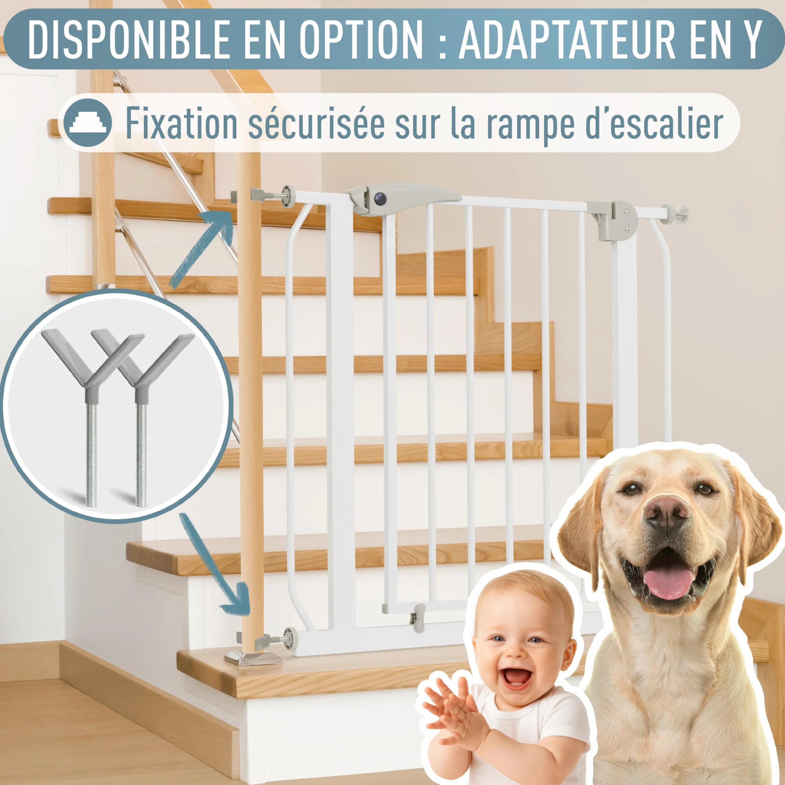 Barrière de Sécurité Berrin 58-185, sans Perçage, Fixation par Pression, pour Enfants 6-24 Mois, Blanc Gris, 85-95 cm
