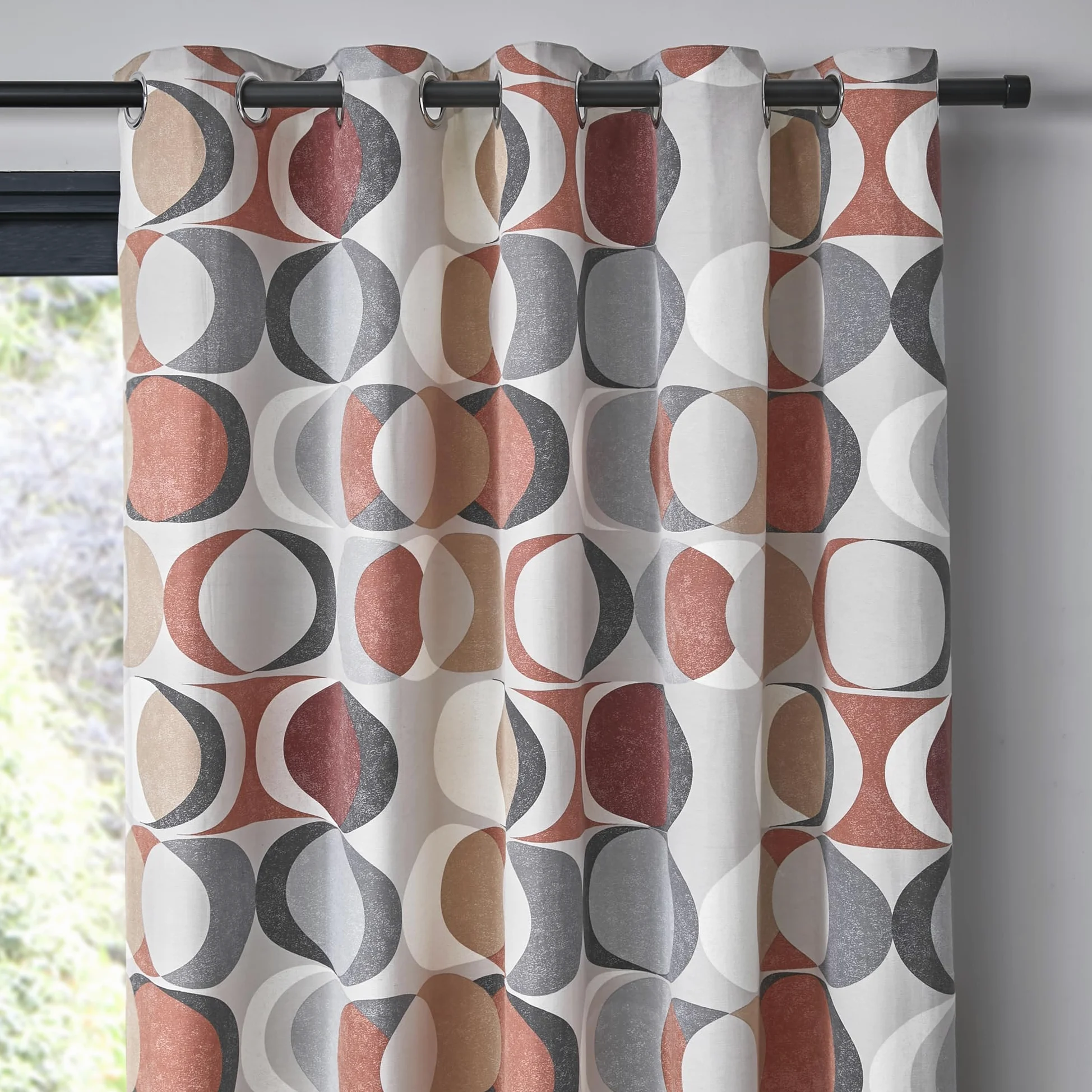 Fusion - Lot de 2 Rideaux 100% Coton - Motif Cercles vectoriels rétro - Motif Cercles géométriques - Terre Cuite - 168 x 183 cm - pour Chambre à Coucher et Salon