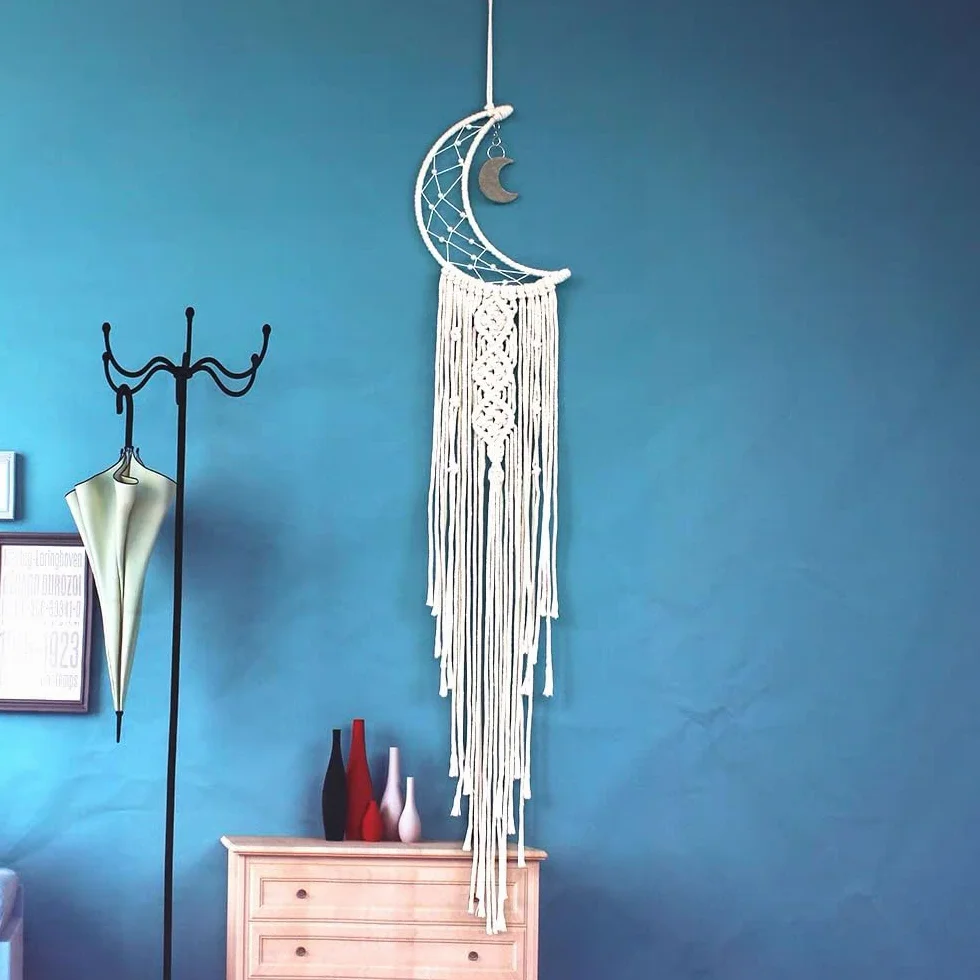 Bohème Chic Attrape-rêves Soleil Lune Étoile Macramé Décoration Murale Tissé pour Chambre de Fille