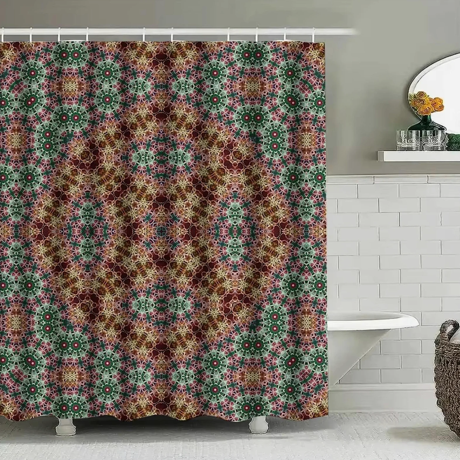 Rideau de Douche kaléidoscope Rouge, Vert et Jaune, Motif Floral Unique, décoration d'intérieur, Salle de Bain, Tissu imperméable, 280 x 200 cm (110 x 79 Pouces)