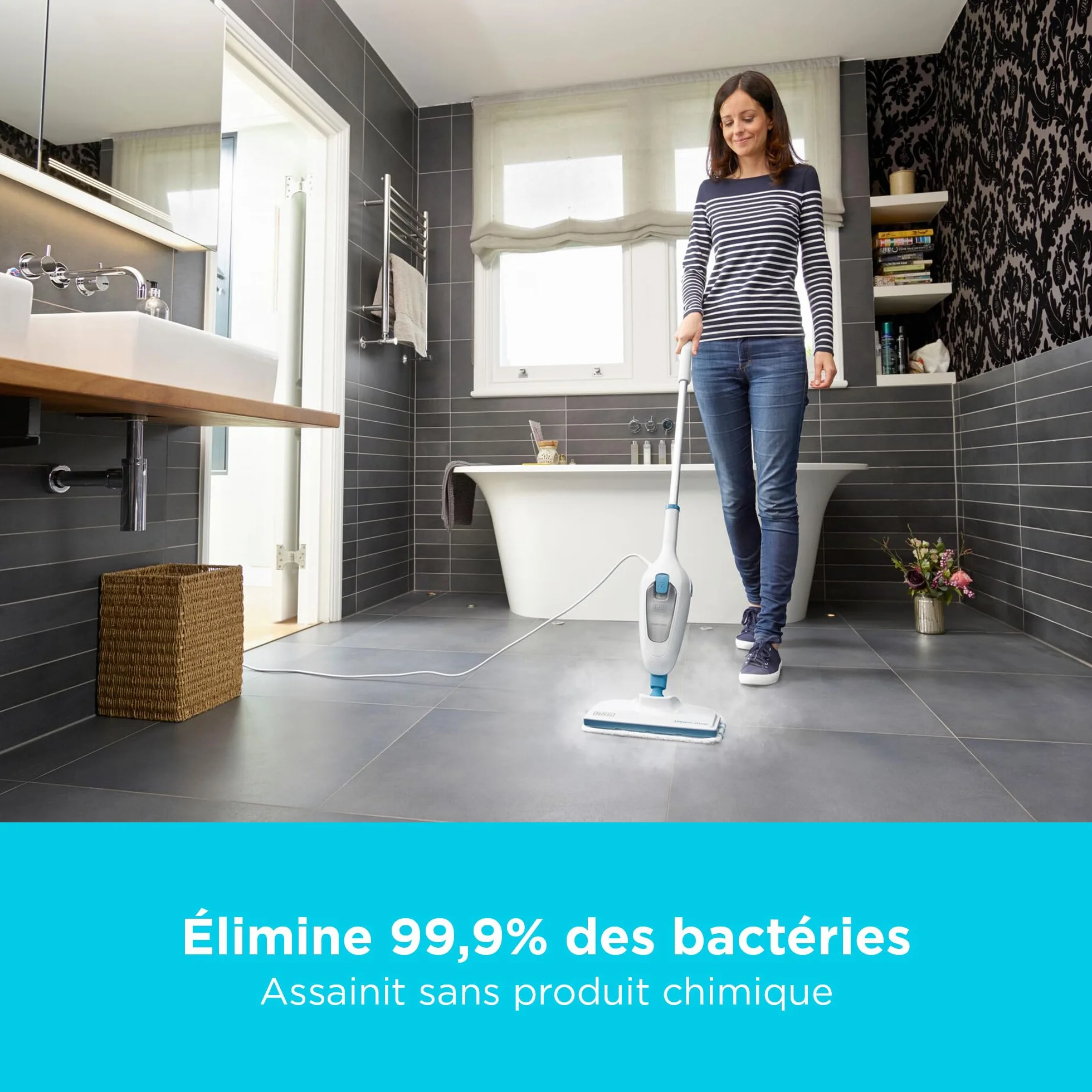 BLACK+DECKER FSMH13E5-QS Balai Vapeur 1300W avec Nettoyeur à Main et 5 Accessoires, Tête Pivotante 180°, Réservoir 350ml