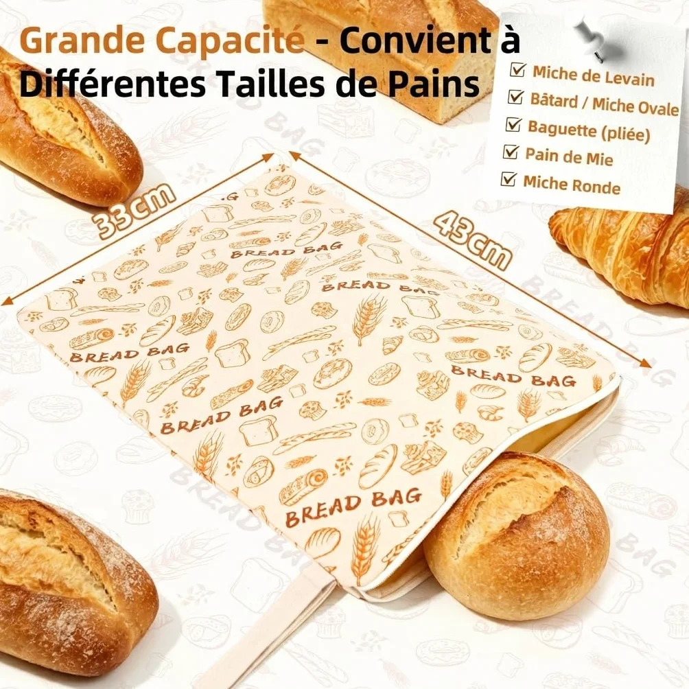 Lot de 2 Sacs à Pain en Cire d'Abeille 43 x 33 cm avec Fermeture Éclair, Réutilisables pour Conservation du Levain et Baguette