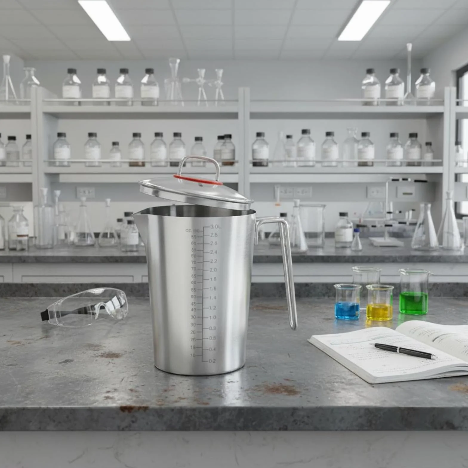 Laboratoire Verre Mesure Récipient Inoxydable Gradué Poignée Métallique Bec Verseur Adapté à Cuisine Préparation de Recettes Mélange, 3 L, Avec Couvercle En Verre
