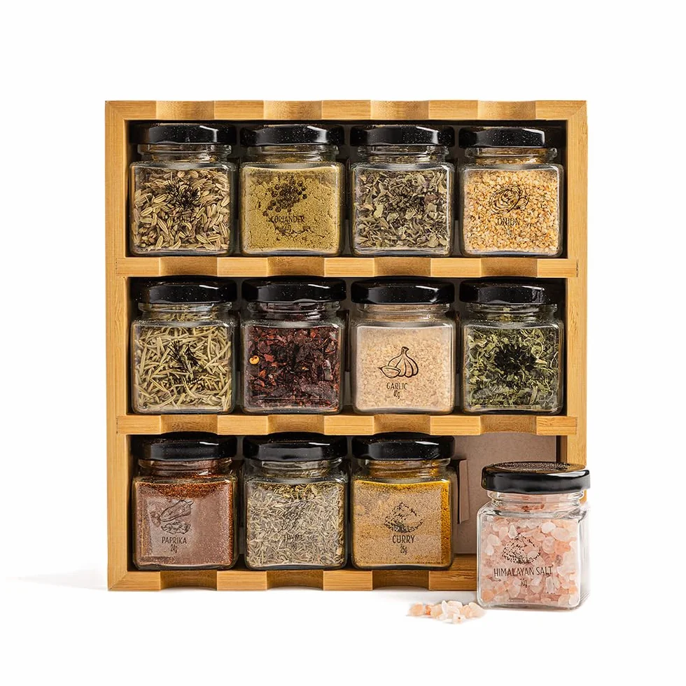 Lot de 12 pots à épices en bois - Recharge sur pied pour herbes - Coffret cadeau cuisine