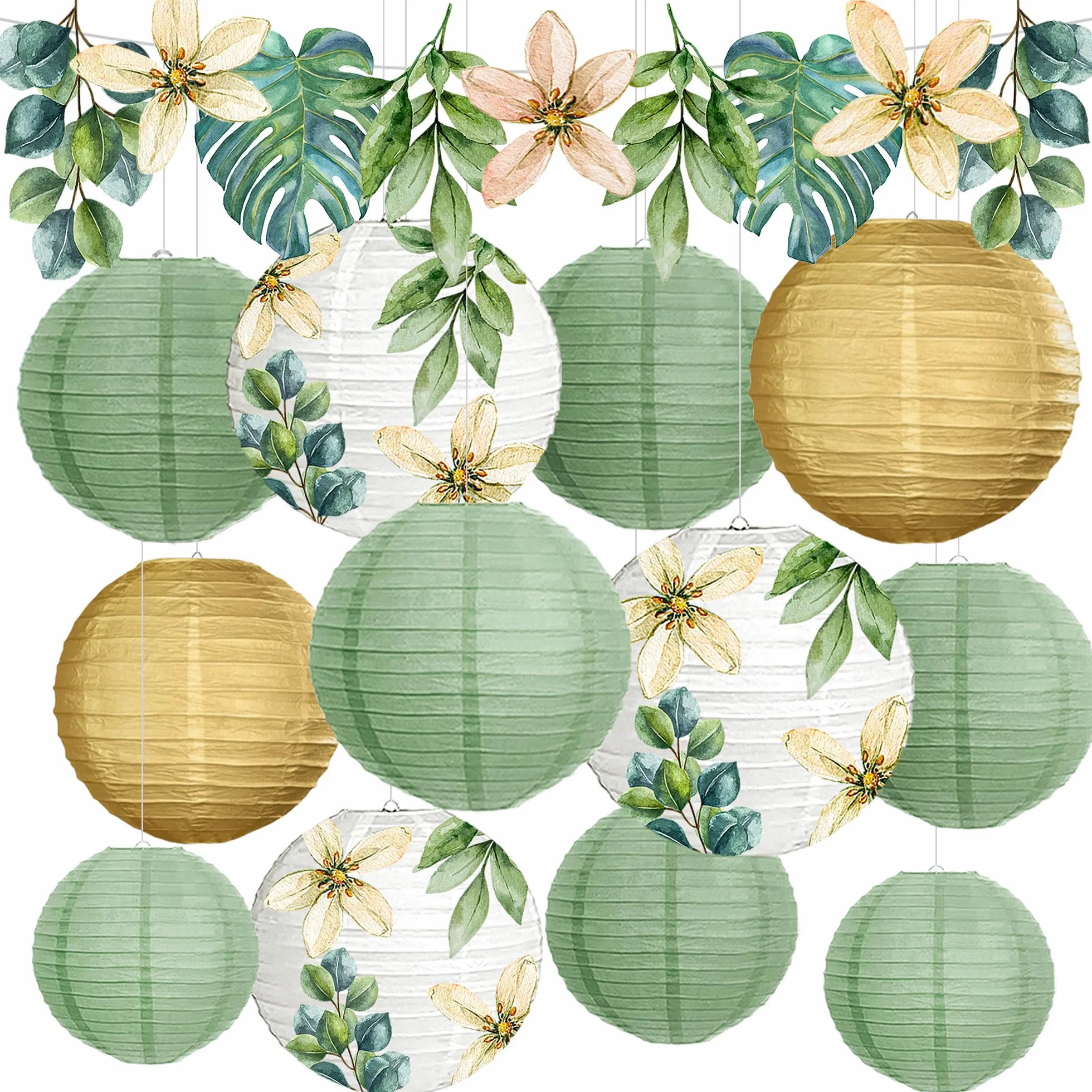 Lot de 13 lanternes en papier pour décoration de jardin, eucalyptus, communion, baby shower