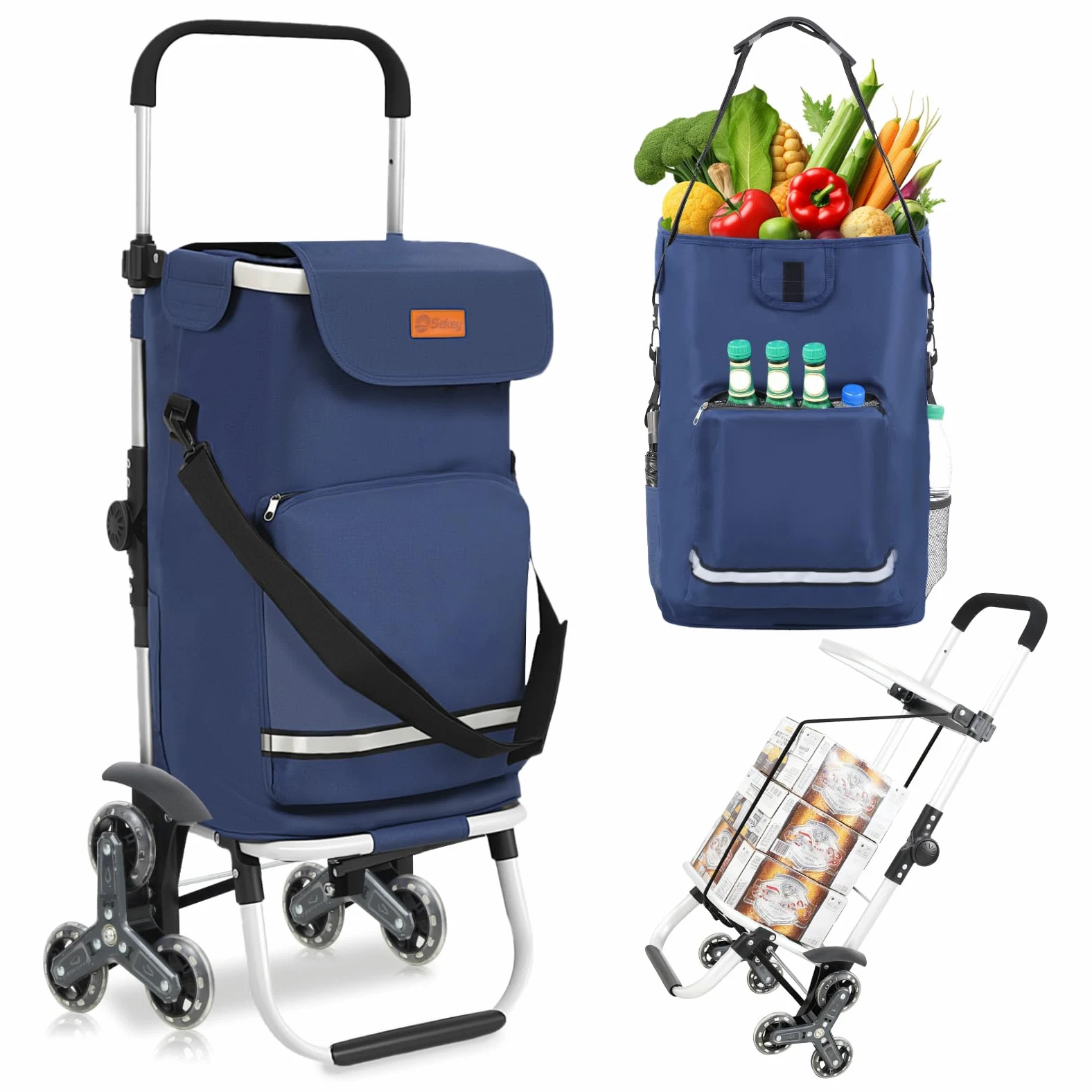 Sekey Chariot de Courses 3 Roues Monte Escalier Pliable 3 en 1, Caddie Isotherme avec Sac Amovible, Diable et Trolley, Grande Capacité, Léger et Solide, Idéal Courses et Seniors – Bleu