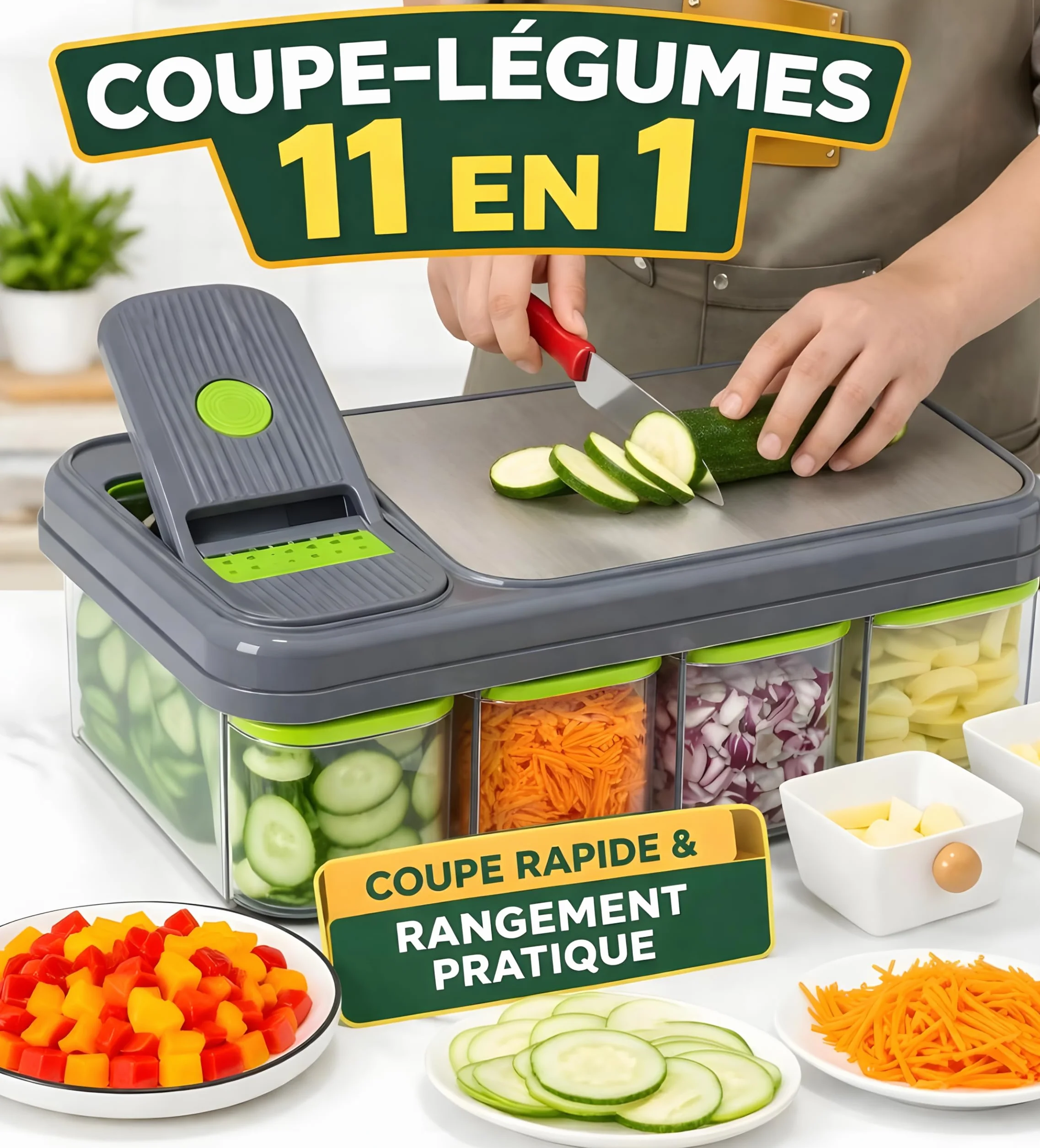 Coupe-Légumes Multifonction 11-en-1 Mandoline Râpe Hachoir Manuel Lames Inox Récipient Conservation Découpe Rapide Fruits Légumes