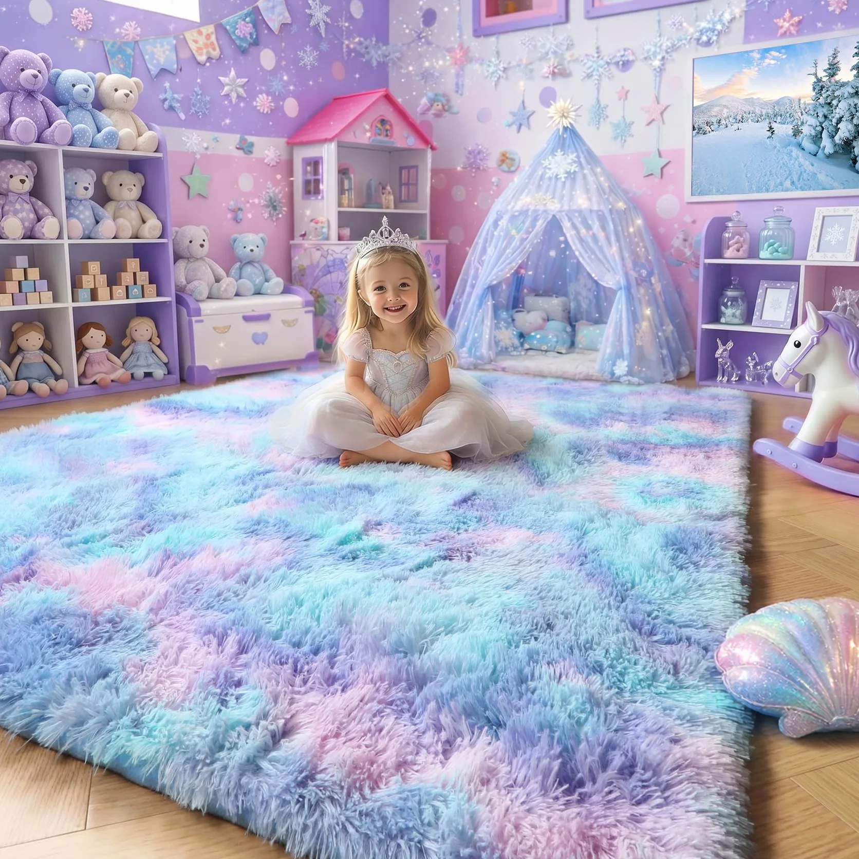 Amdrebio Tapis pelucheux mignon et mignon pour chambre à coucher, chambre de fille, décoration de chambre d'enfant, salle de jeux, dortoir, point de sirène, tapis pelucheux en peluche pour bébé et