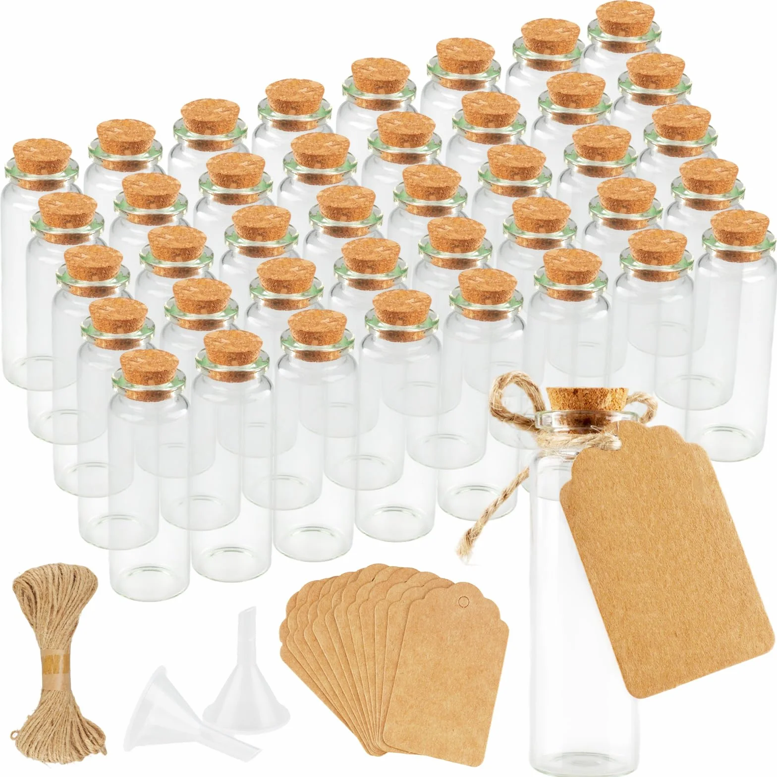 Fiole en Verre 25 ml Petite Bouteille avec Bouchon et Carte, Entonnoir, Ficelle pour Épices, Bonbons, DIY