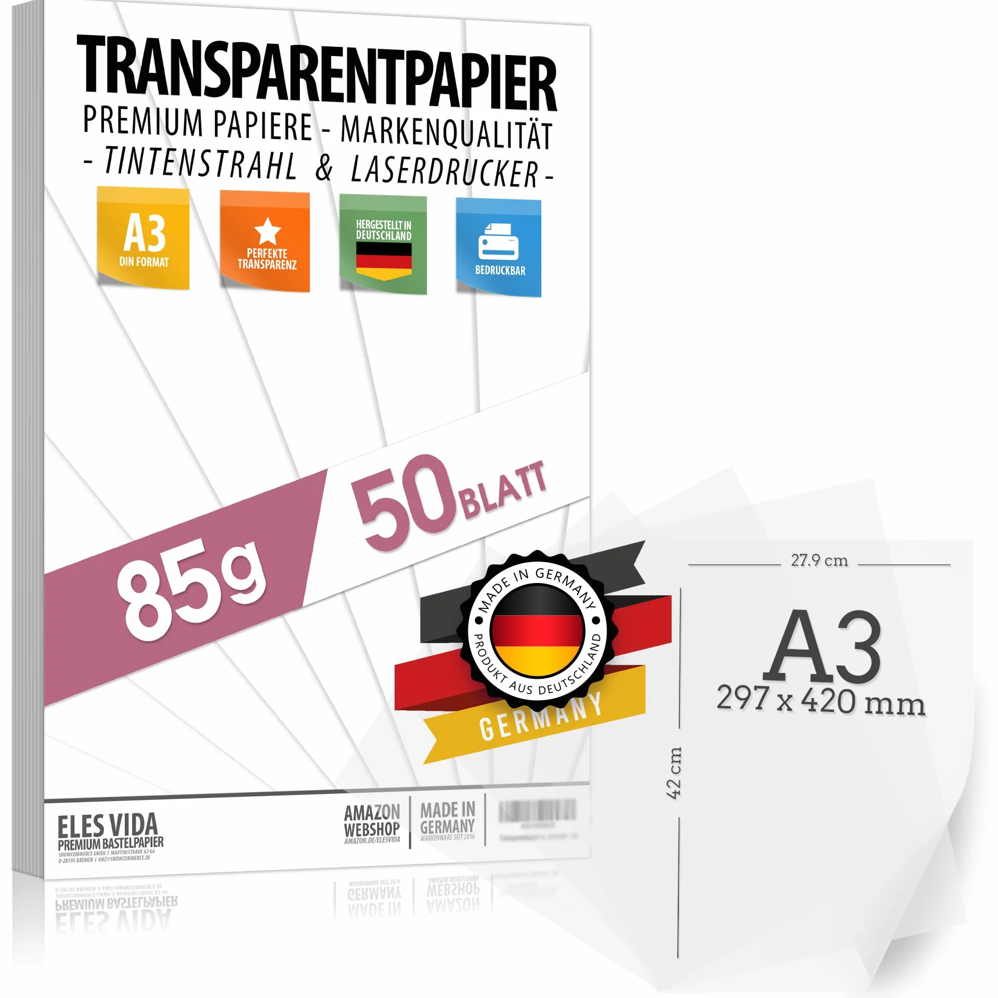 Papier calque blanc transparent imprimable DIN A3 85 g/m² Fabriqué en Allemagne