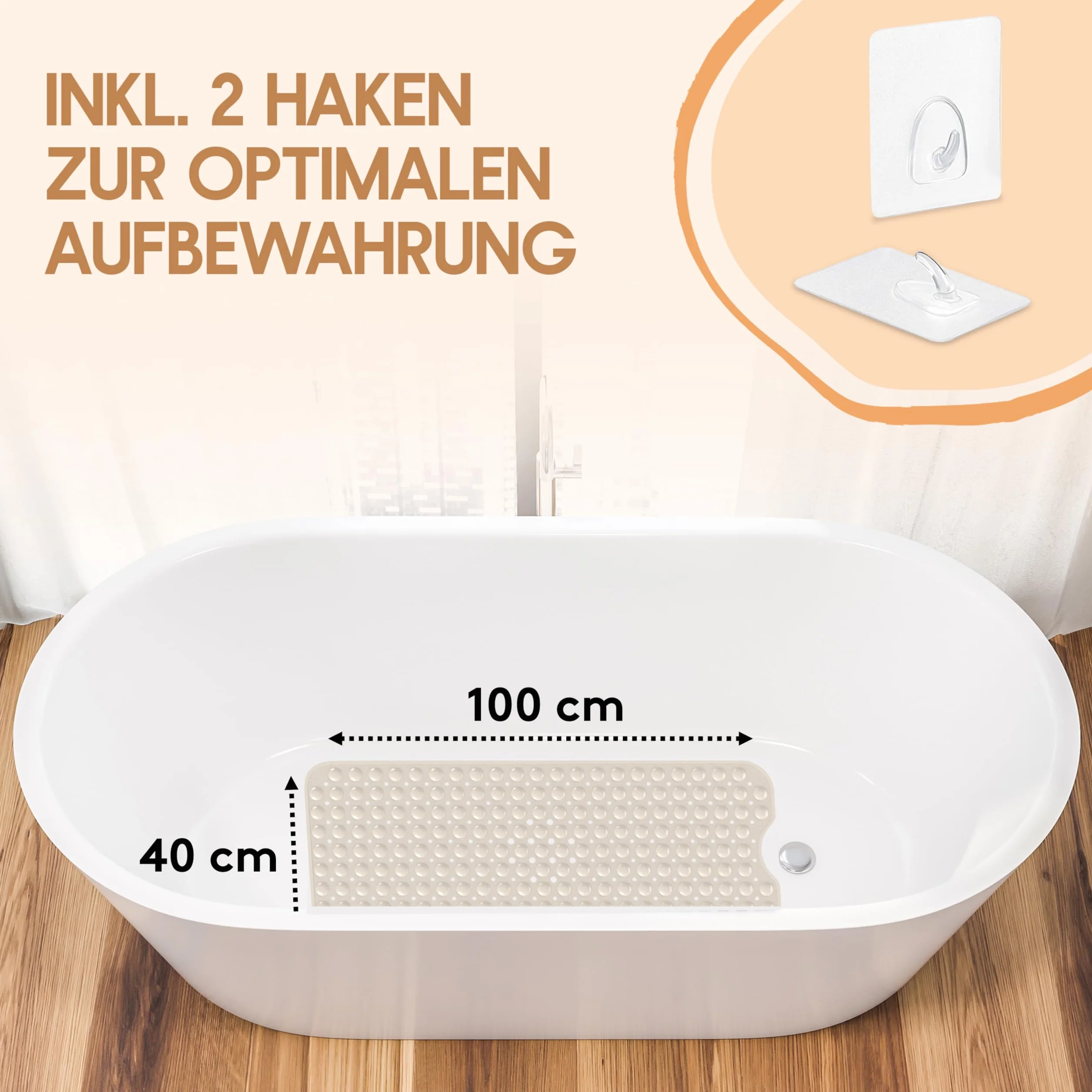 Tapis de douche antidérapant Sensitiv 100x40 cm avec 2 crochets - Tapis de bain sans BPA résistant à la moisissure et lavable