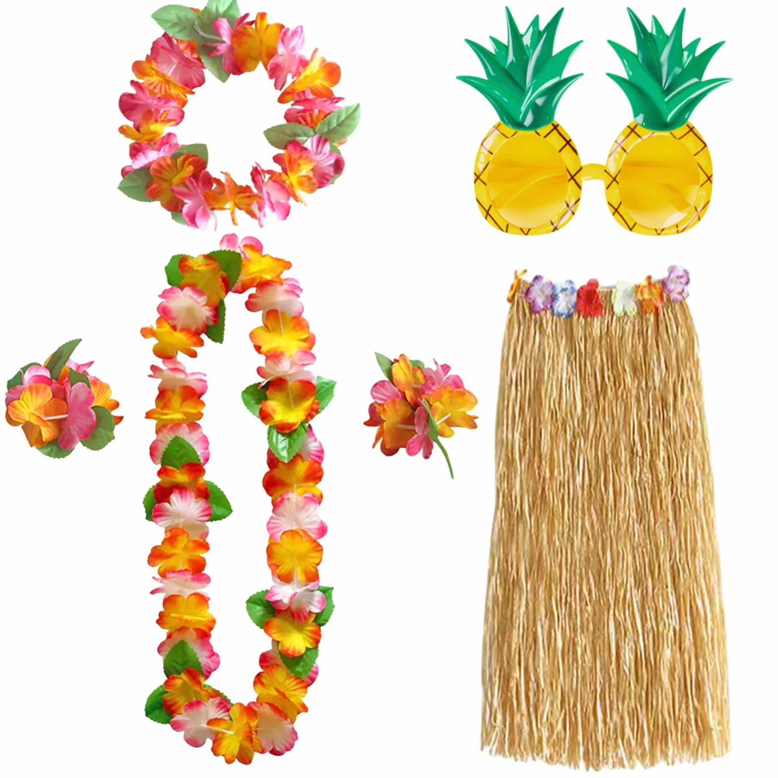 Décorations de fête hawaïennes lot de 6 collier fleurs bracelets bandeau lunettes ananas jupe déguisement adulte