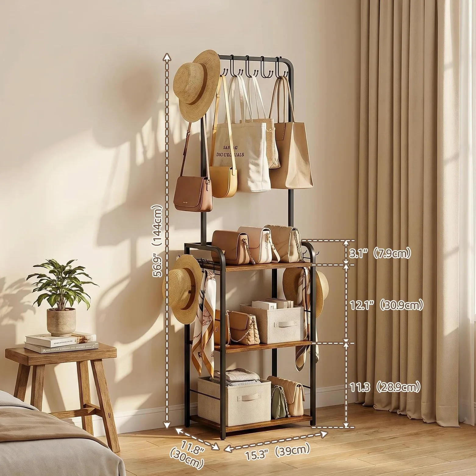 KZOBYD Organiseur de sac à main avec 3 étagères, crochets de suspension et crochets latéraux | Métal et bois, noir, sac de rangement étroit, pour chambre à coucher, couloir et dressing, 39 x 30 x 144 cm