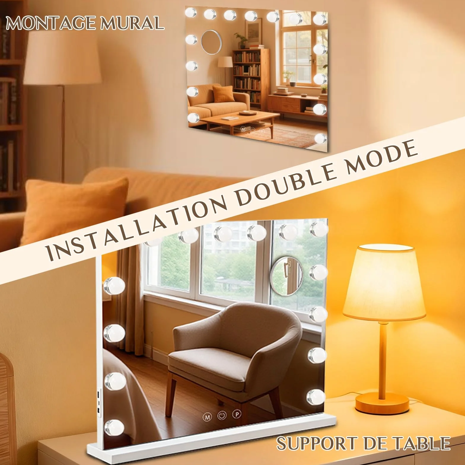 Miroir Coiffeuse de Maquillage 58×46 cm LED 15 Lampes Super HD Grossissement ×10 3 Couleurs Intensité Réglable USB