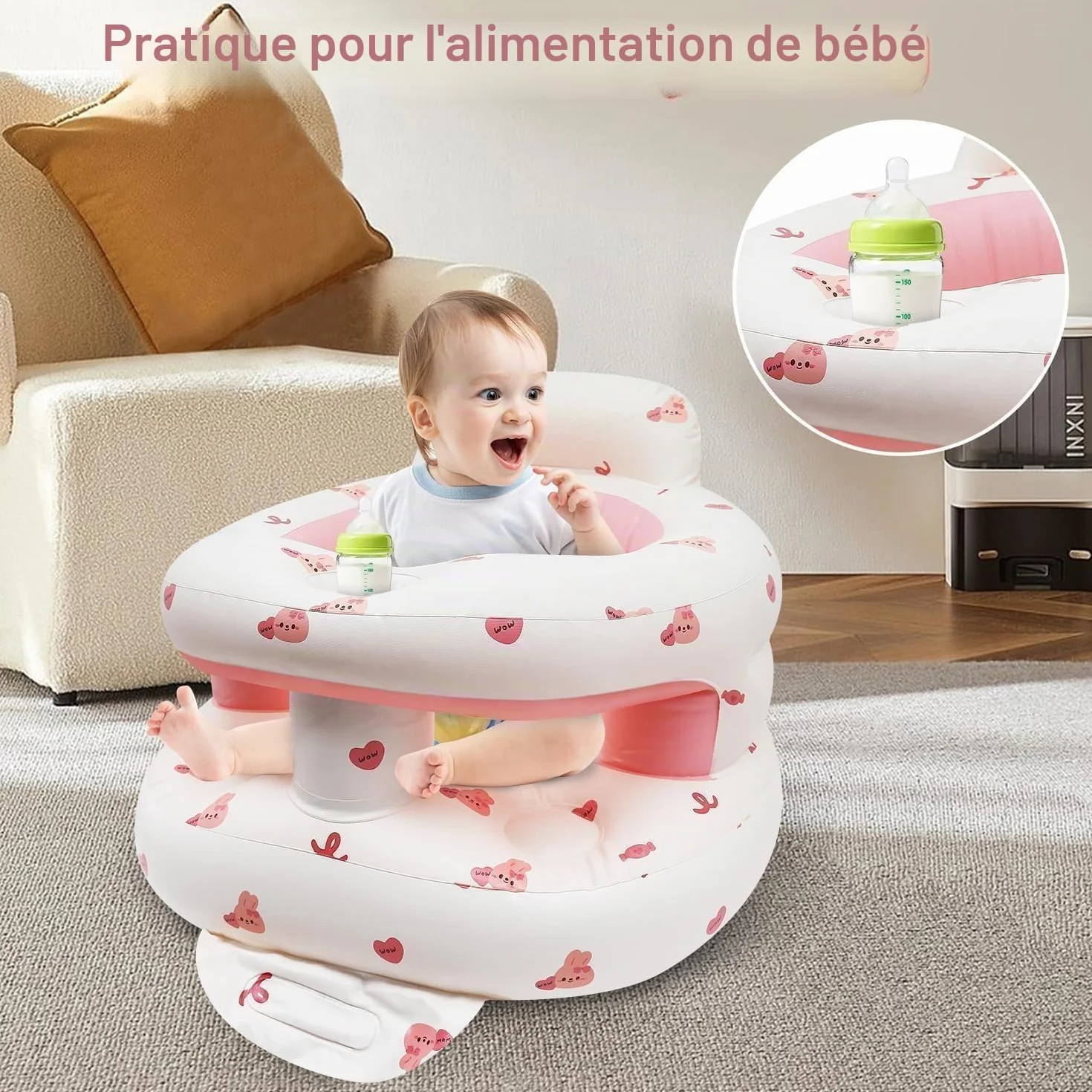Siège Gonflable Bébé 3 Mois+ Chaise Gonflable avec Pompe Intégrée Lapin