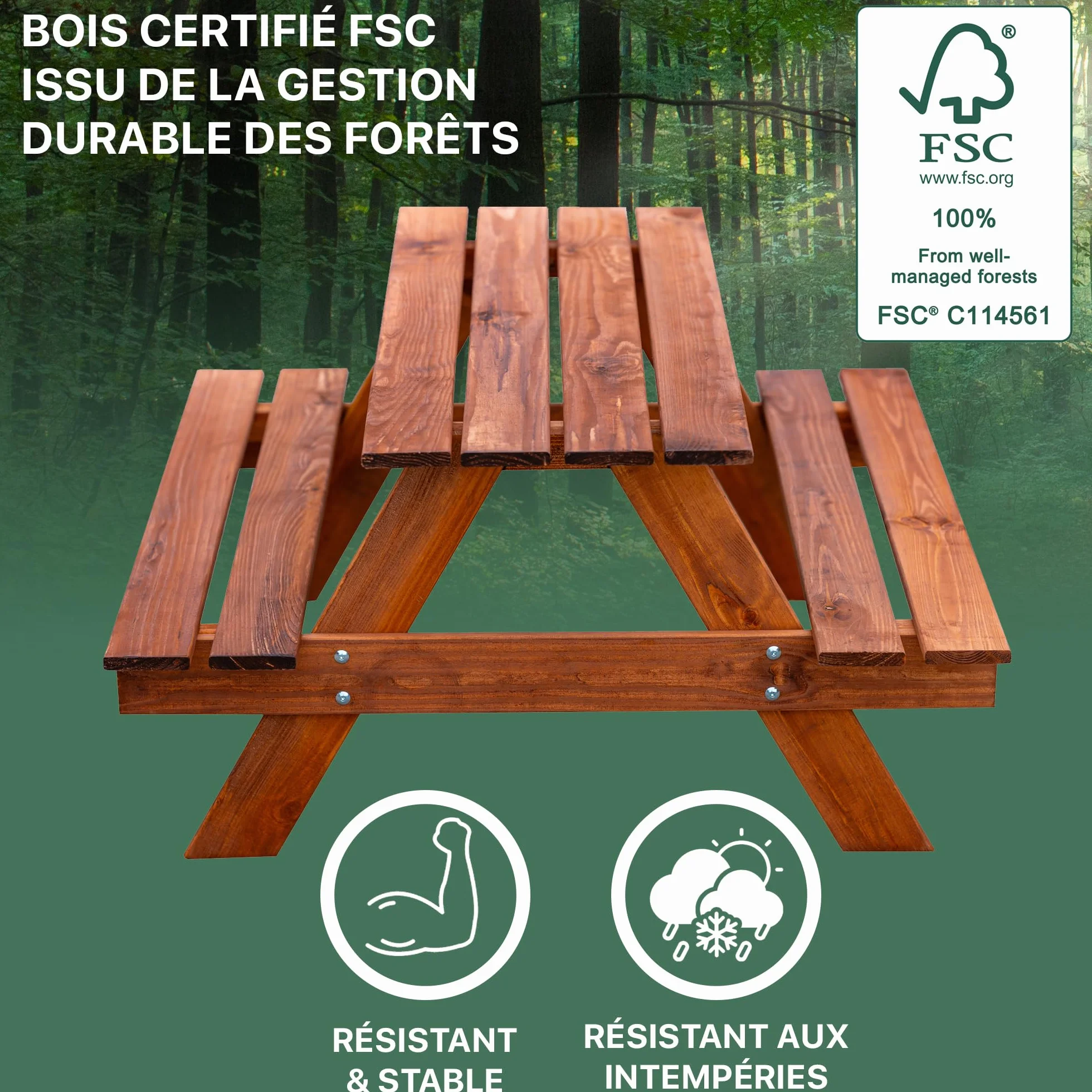 Table de Pique-Nique pour Enfants en Bois avec 2 Bancs, Ensemble FSC, Marron