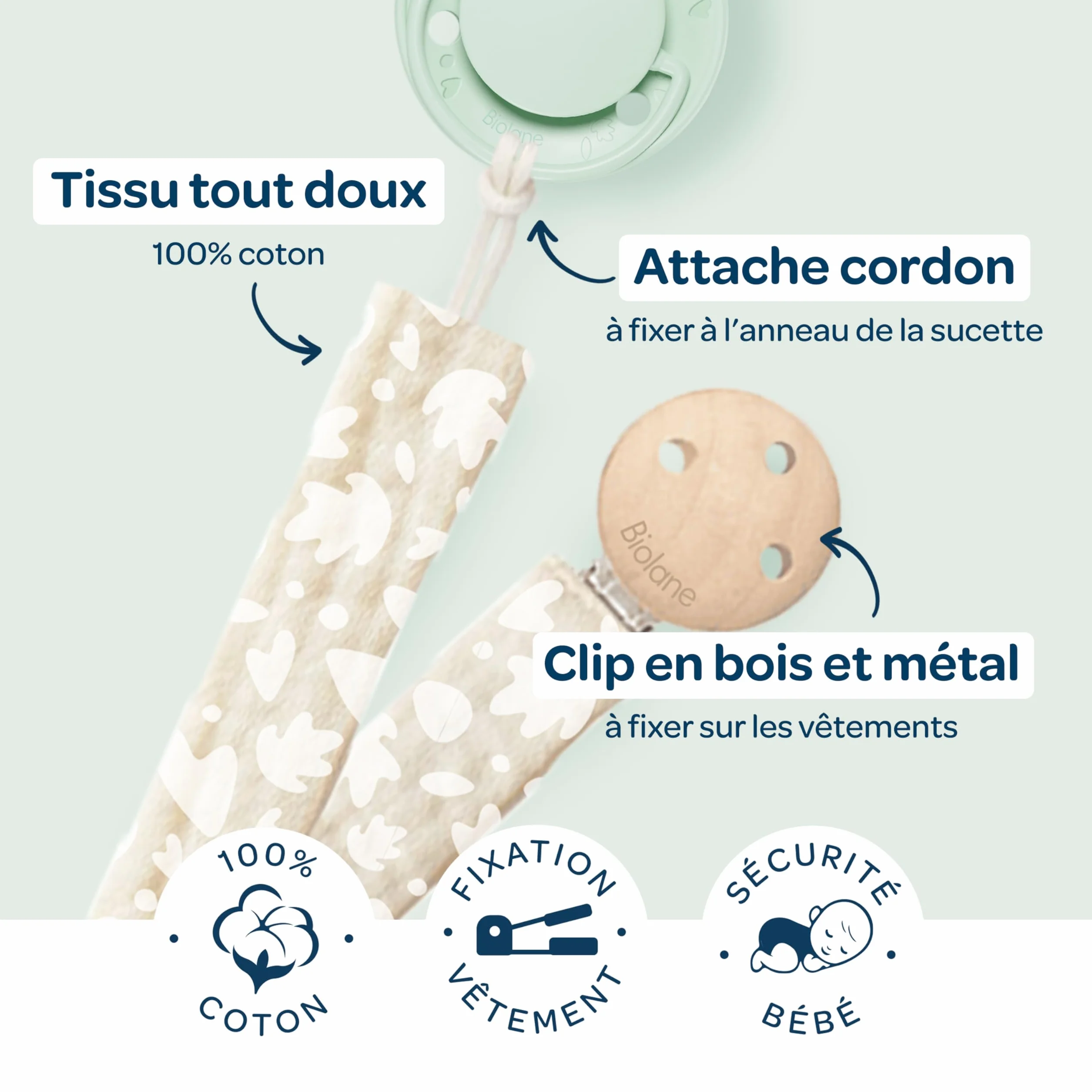 BIOLANE Attache tétine bébé 100% coton beige double sécurité anti-glisse