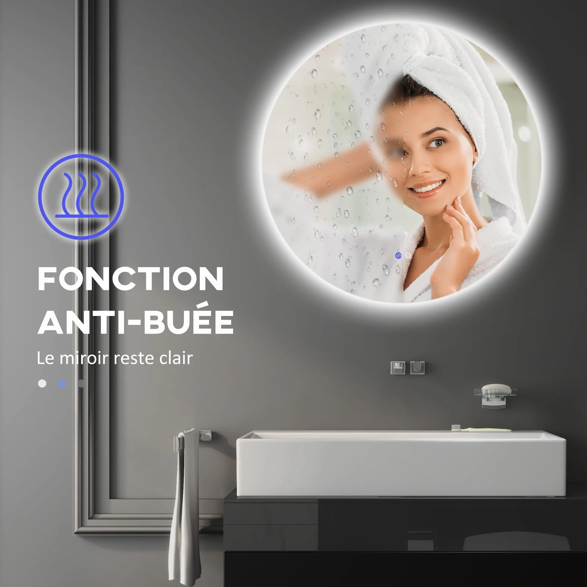 Kleankin Miroir Rond Lumineux LED Mural Salle de Bain 80 cm Interrupteur Tactile Antibuée Luminosité Réglable 20,5W+26W Blanc Argent