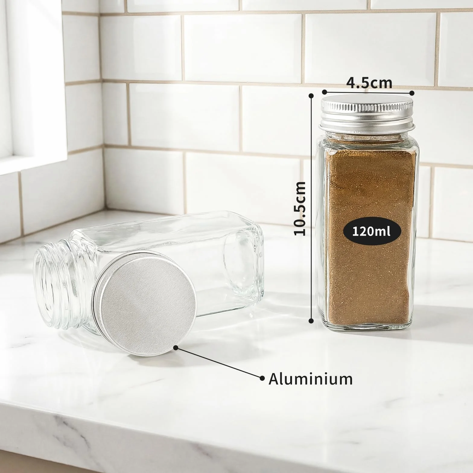 Pot Epices Verre Carré 120ml Bocaux avec Couvercle Aluminium Rangement Cuisine Camping (Blanc argenté)