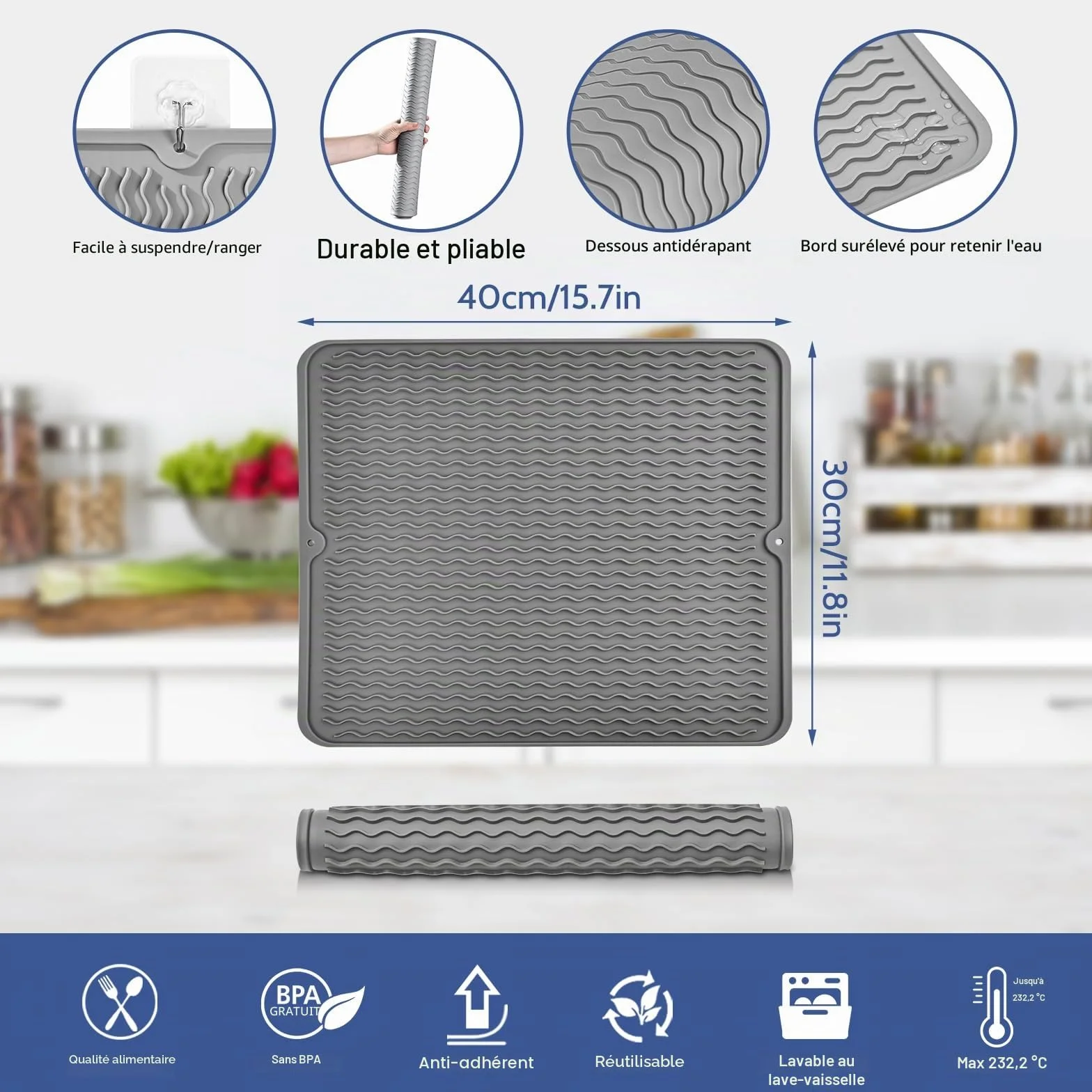 KitchenRaku Tapis Égouttoir en Silicone Résistant à la Chaleur Antidérapant Dessous de Plat
